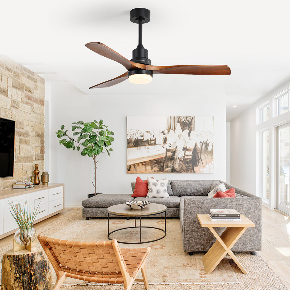 DECKENLEUCHTE mit Ventilator 132cm, 6 Geschwindigkeitsstufen, Fernbedienung - Schwarz, Holz (132/132/52cm) - Kaket