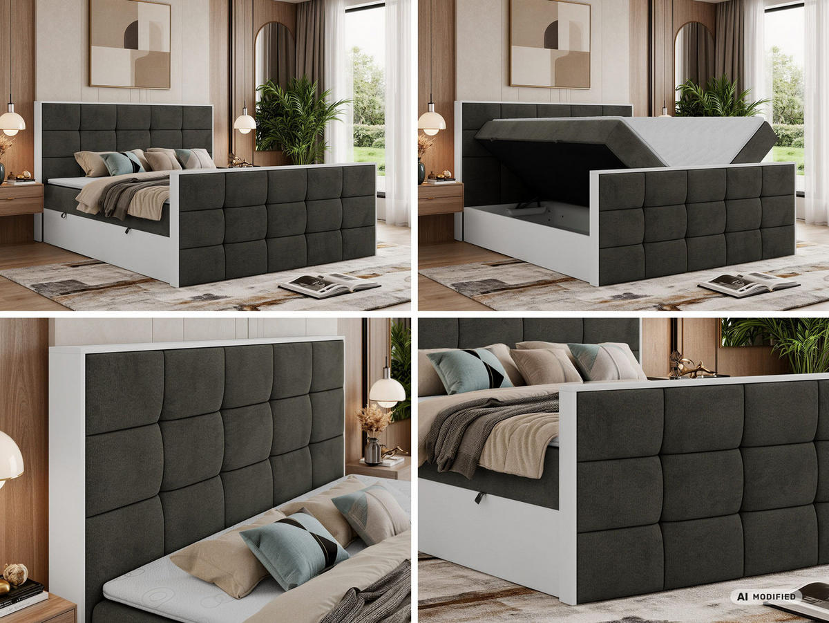 BOXBETT ALVIT DUO 160/200 - Dunkelgrau Velvet - Topper Visco - H4 - Dunkelgrau/Anthrazit, Kunststoff/Textil (160/200cm) - MKS