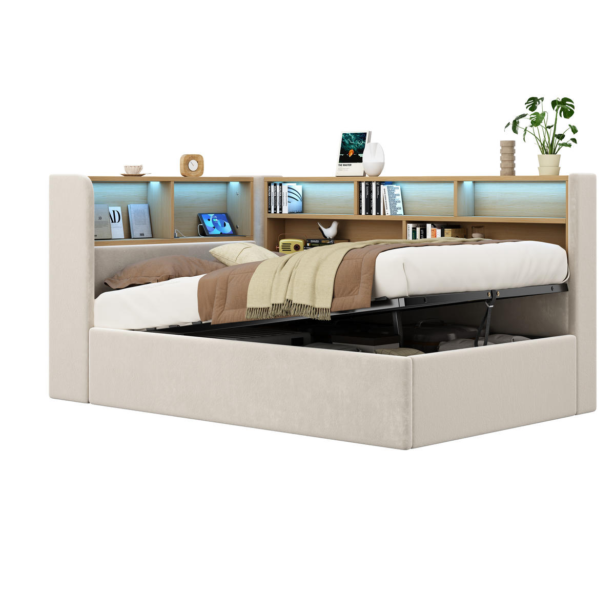 MULTIFUNKTIONSBETT 90/200 cm beige aus Samt mit LED und hydraulischem Stauraum - Beige, Textil (90/200cm) - OKWISH