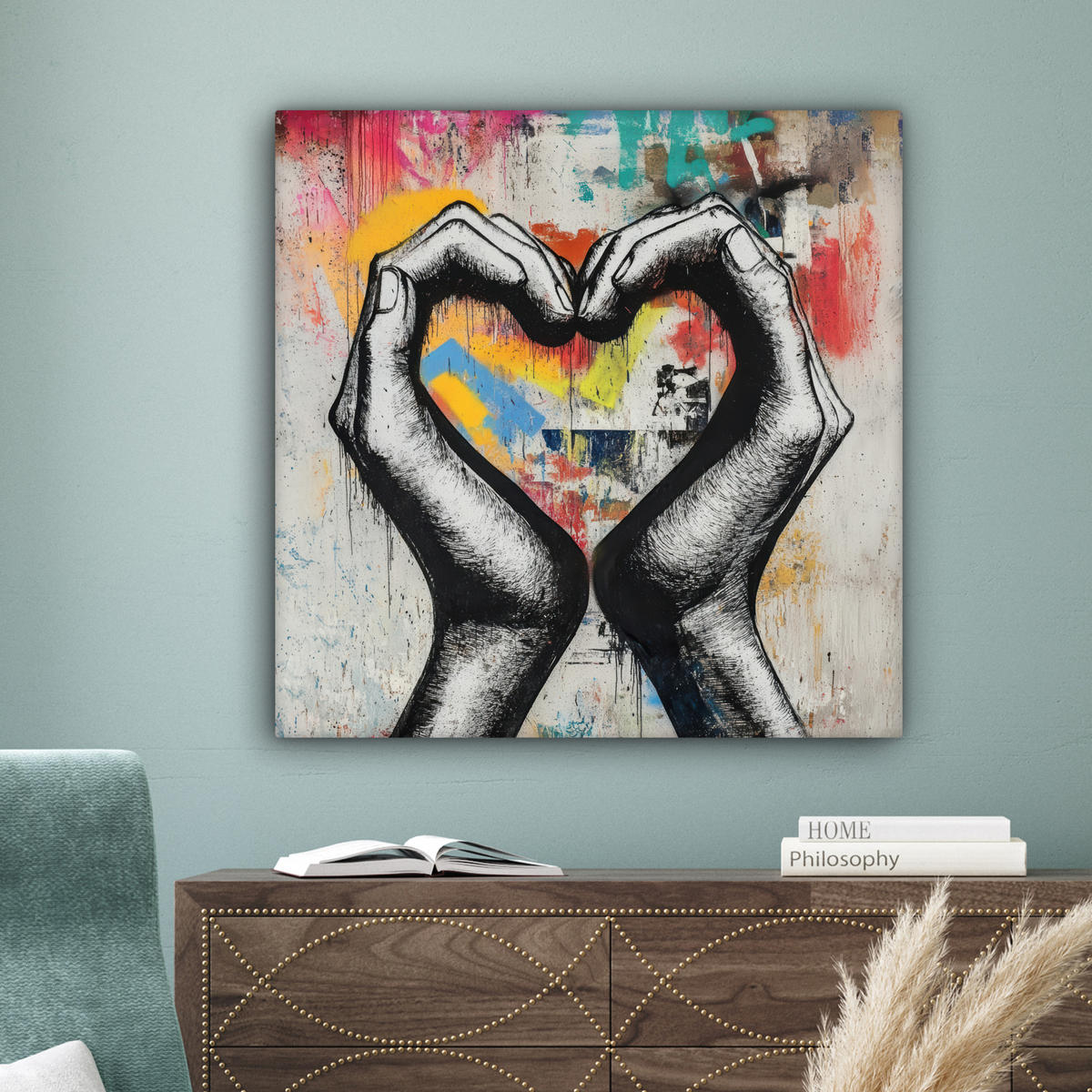 LEINWANDBILD - Hände - Herz - Straßenkunst - Graffiti - 90x90 - Gemälde - Multicolor, Textil (90/90cm) - MuchoWow
