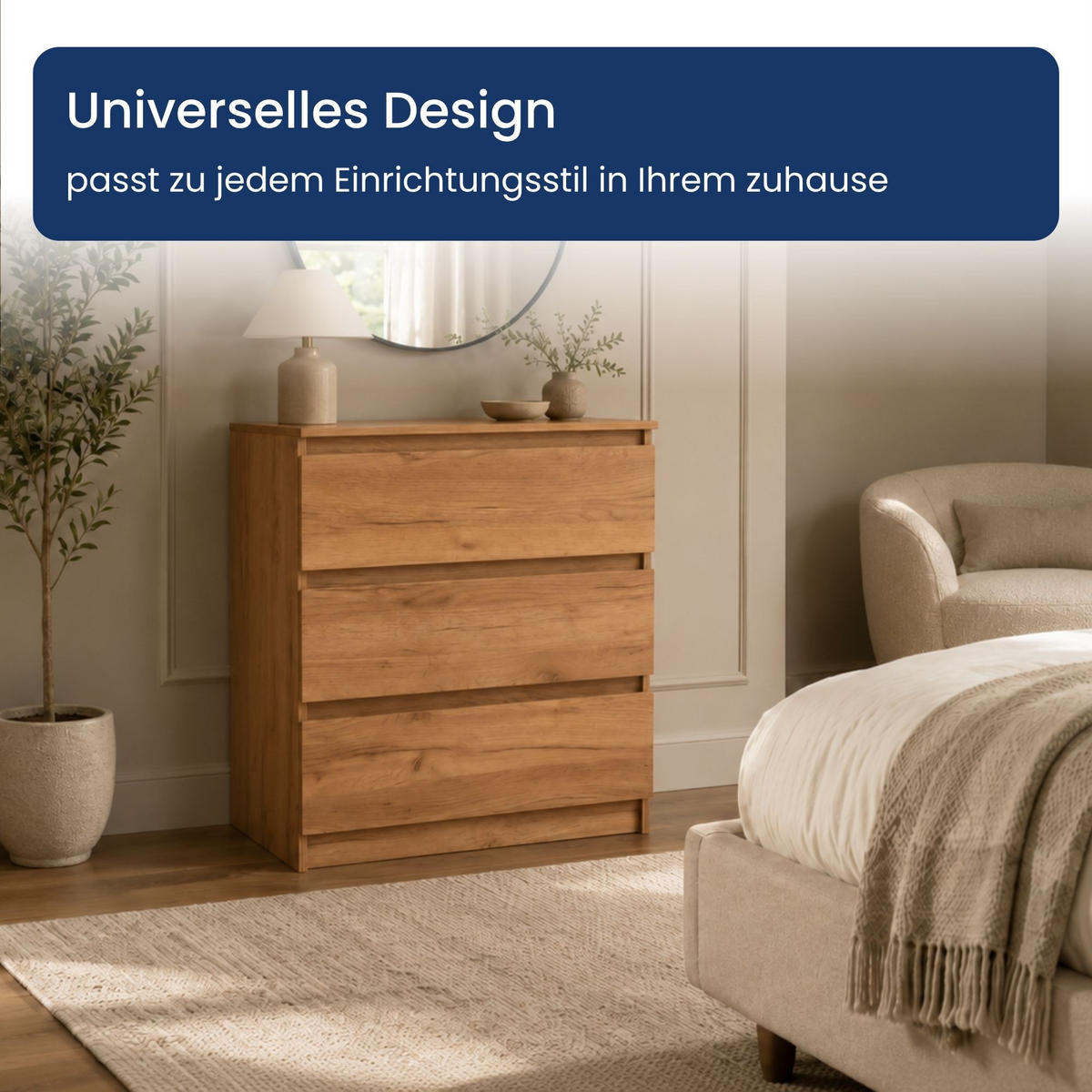 KOMMODE mit drei Schubladen in Craft-Eiche - Naturfarben, Holzwerkstoff (70/77/40cm) - Home Collective