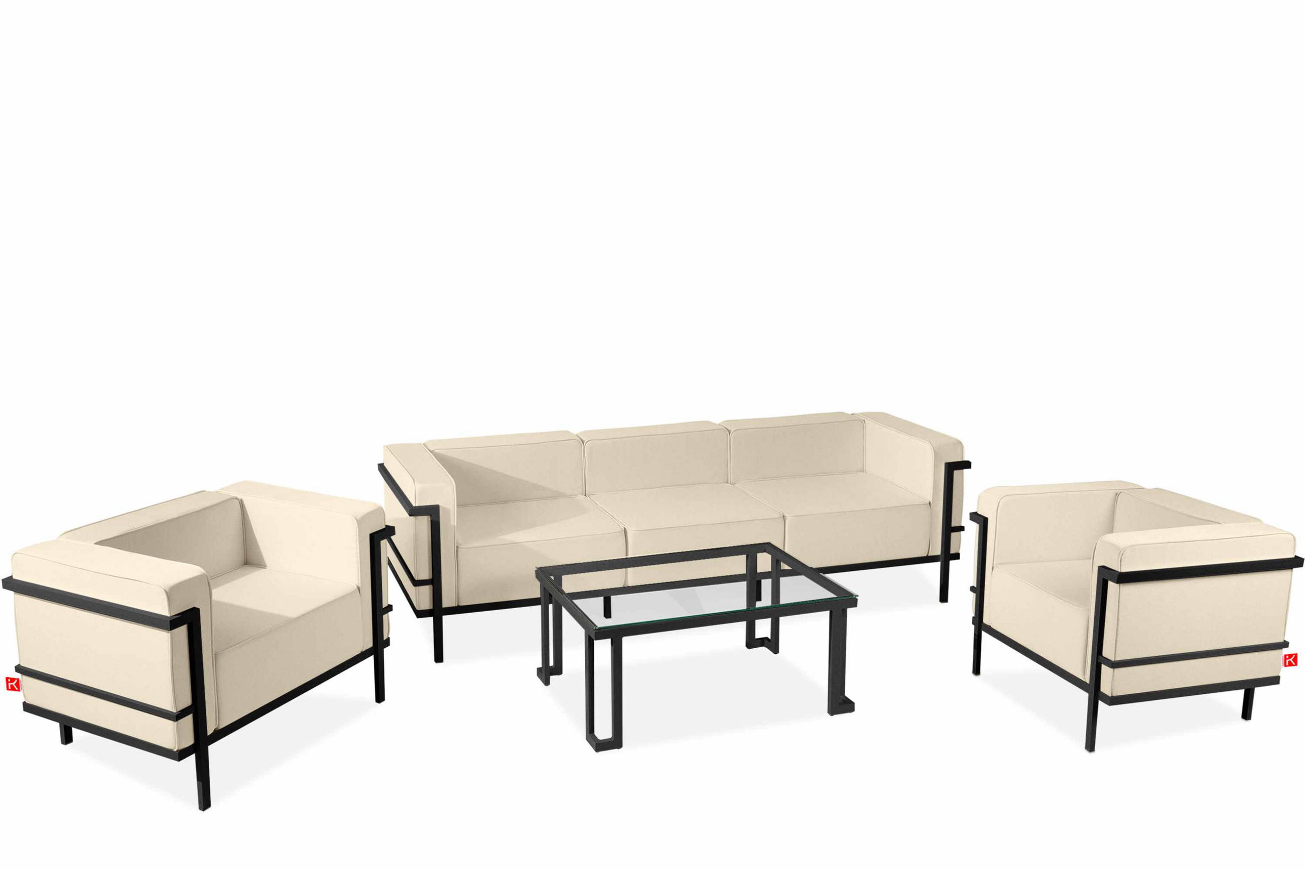 GARTENLOUNGE-SET TRIGLO 1x Tisch, 2x Sessel, 1x Sofa 3-Sitzer, 4-tlg., Modern, Dunkelgrau/Cremeweiß - Creme, Textil/Metall - KONSIMO®