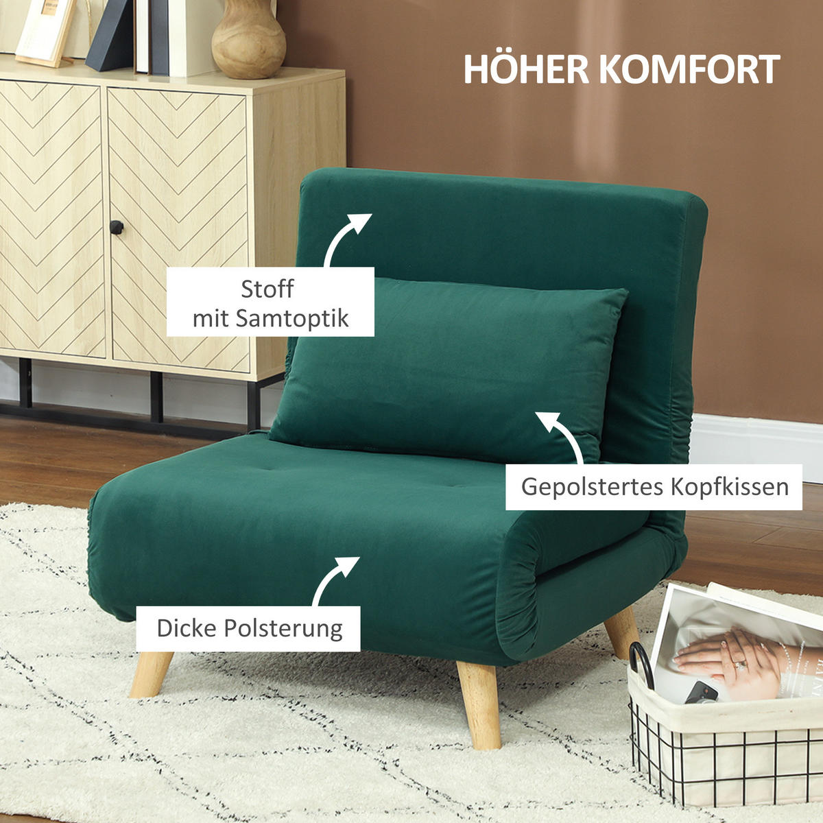 SCHLAFSESSEL, Klappsessel mit Bettfunktion, bis 120 kg belastbar, Dunkelgrün - Dunkelgrün, Textil (78/79/72cm) - HOMCOM