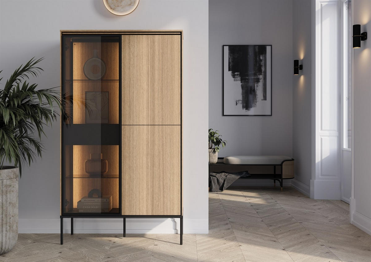 VITRINE VISSO VI-01 mit LED-Beleuchtung Eiche linear - Eichefarben, Holzwerkstoff (91/158/34cm) - Lookway