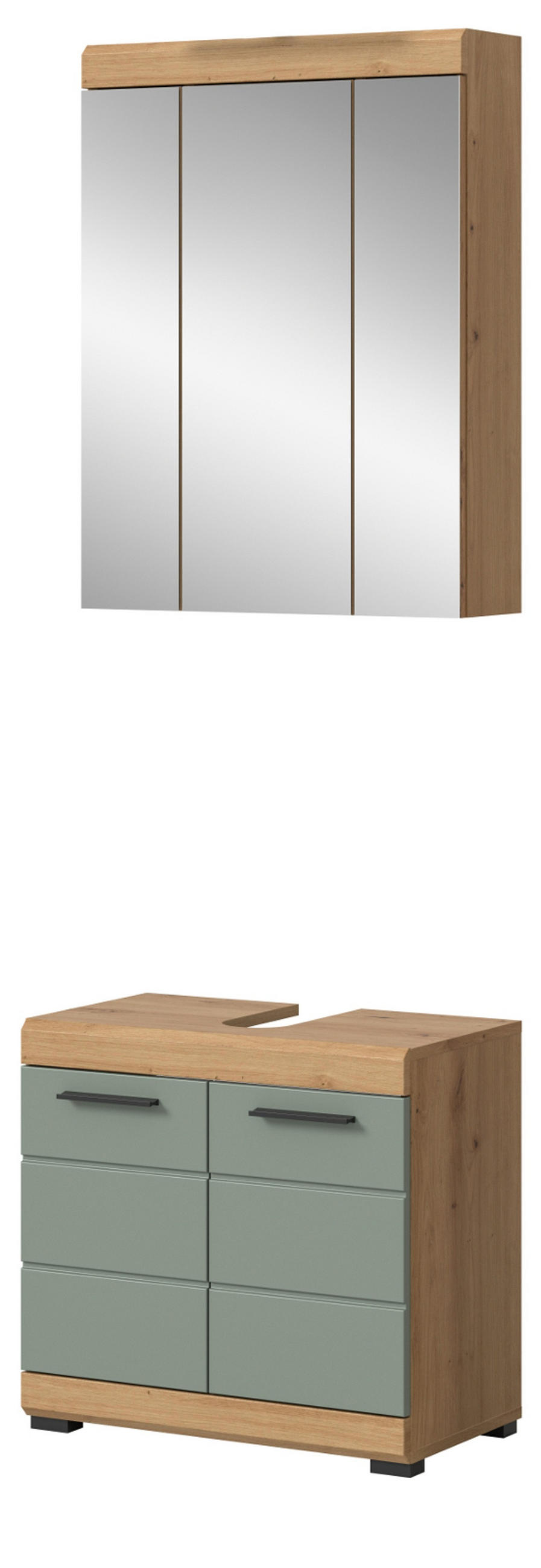 BADMÖBEL-SET Salbei grün, Eiche Artisan 2-teilig 60 cm, Kombination mit Spiegel - Salbeigrün/Schwarz, Glas/Holzwerkstoff (60/191/34cm) - Inn.Furn
