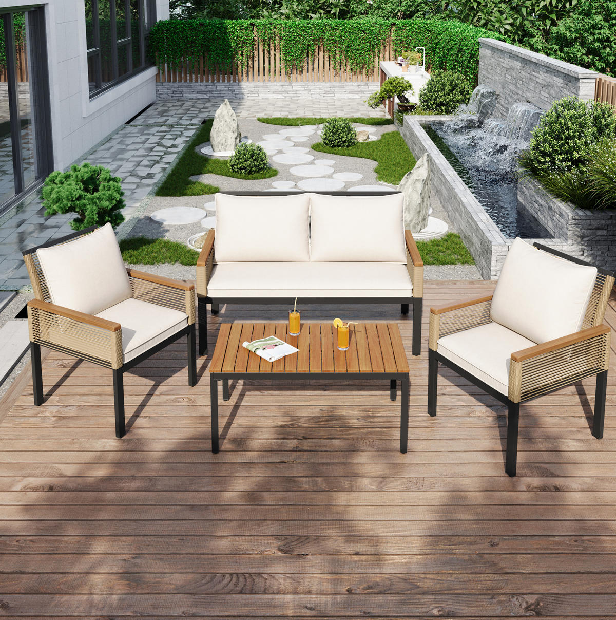 GARTENMÖBEL 109x67x75cm beige aus Polyrattan und Stahl mit Polstern - Beige, Metall - Modfu