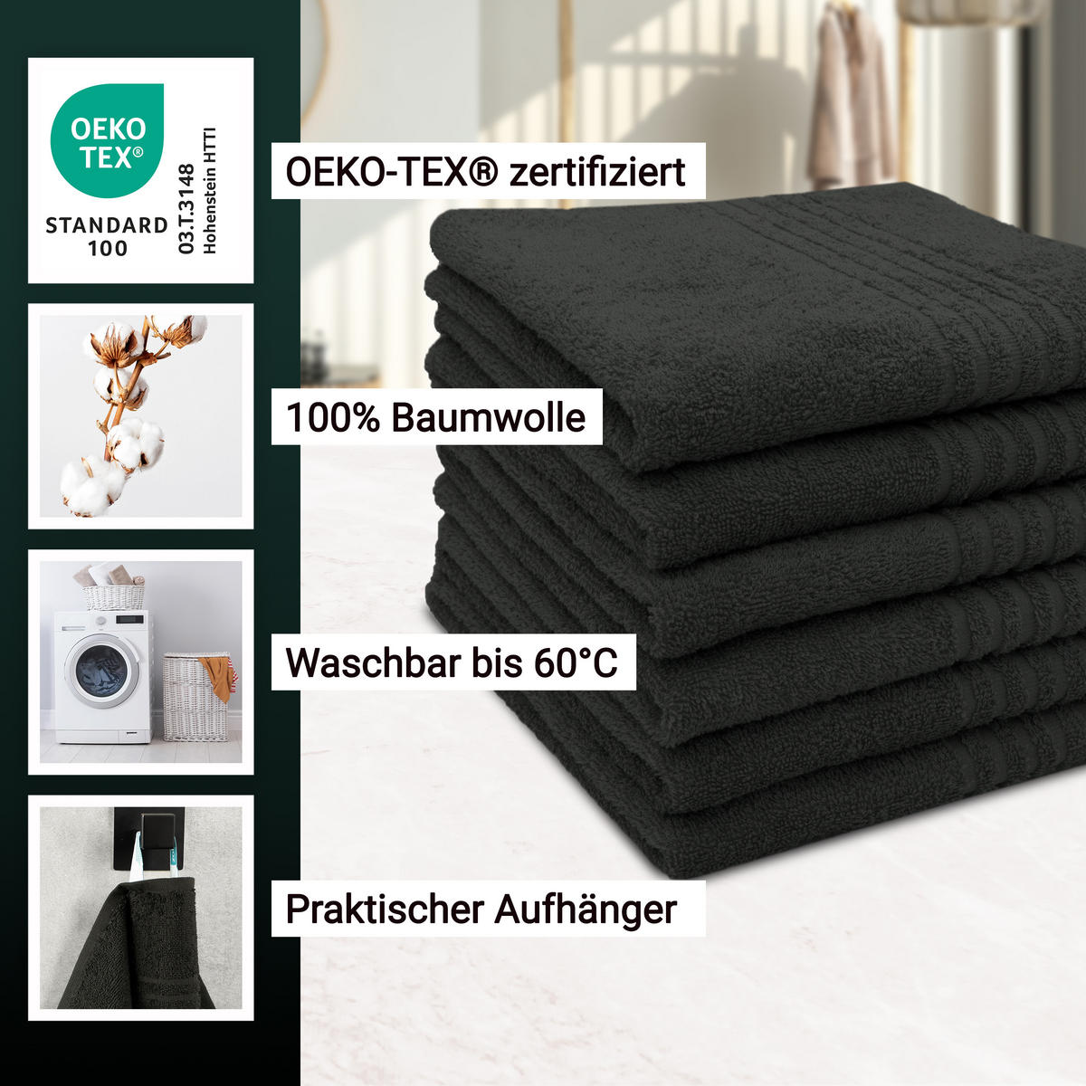 HANDTÜCHER, 6er-Set, 50x70 cm, 100% Baumwolle, Schwarz - Schwarz, Textil (50/70cm) - Zollner