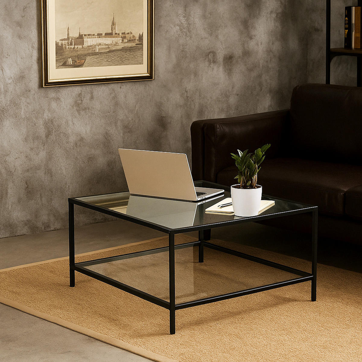 COUCHTISCH Glasplatte kratzfest & Metallgestell stabil 80X80cm - Transparent/Schwarz, Glas/Metall (80/80/42cm) - Urban Meuble
