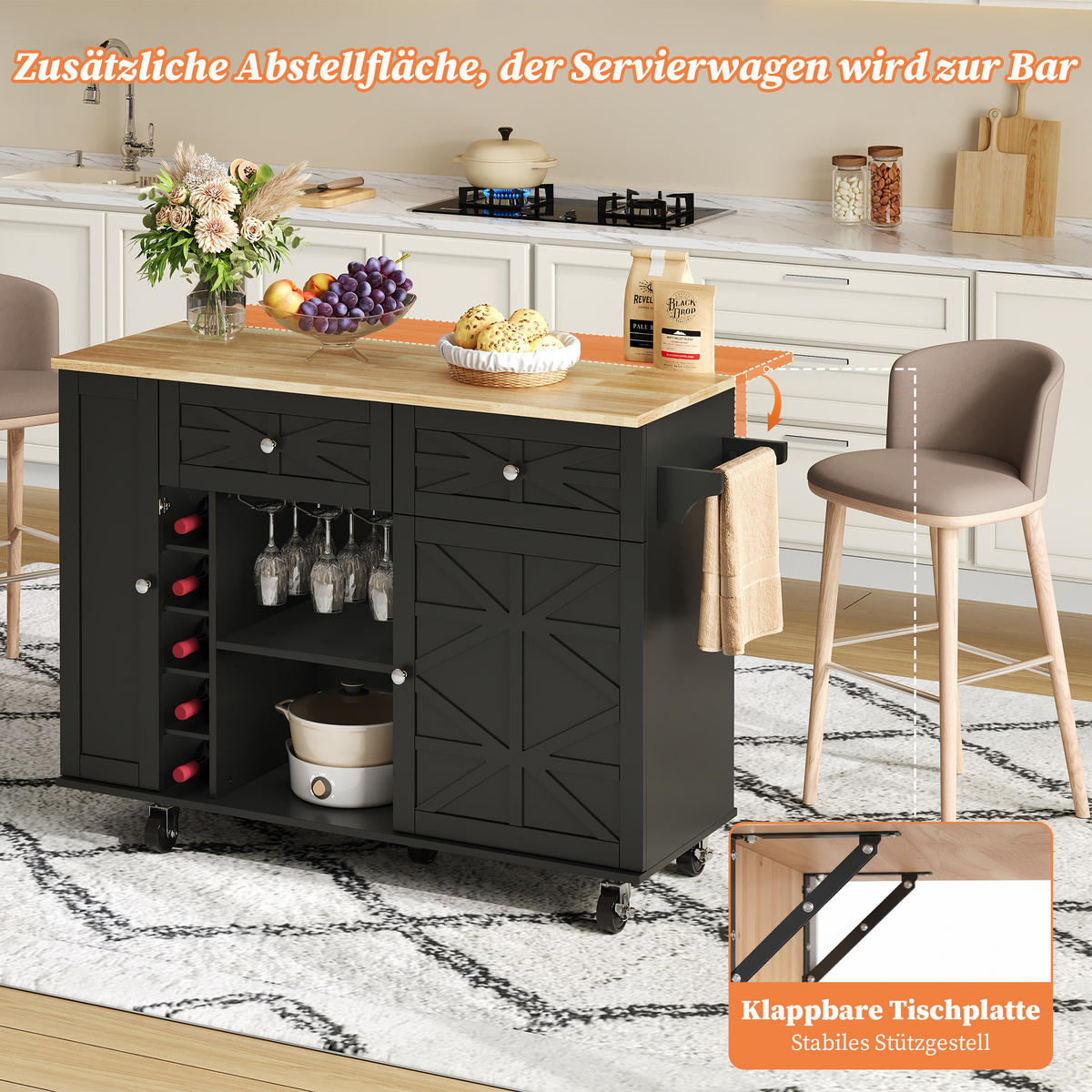 KÜCHENINSEL 120x70x89cm Schwarz mit Klappplatte,Weinregal & Schubladen - Schwarz, Holzwerkstoff (120/89/70cm) - Modfu