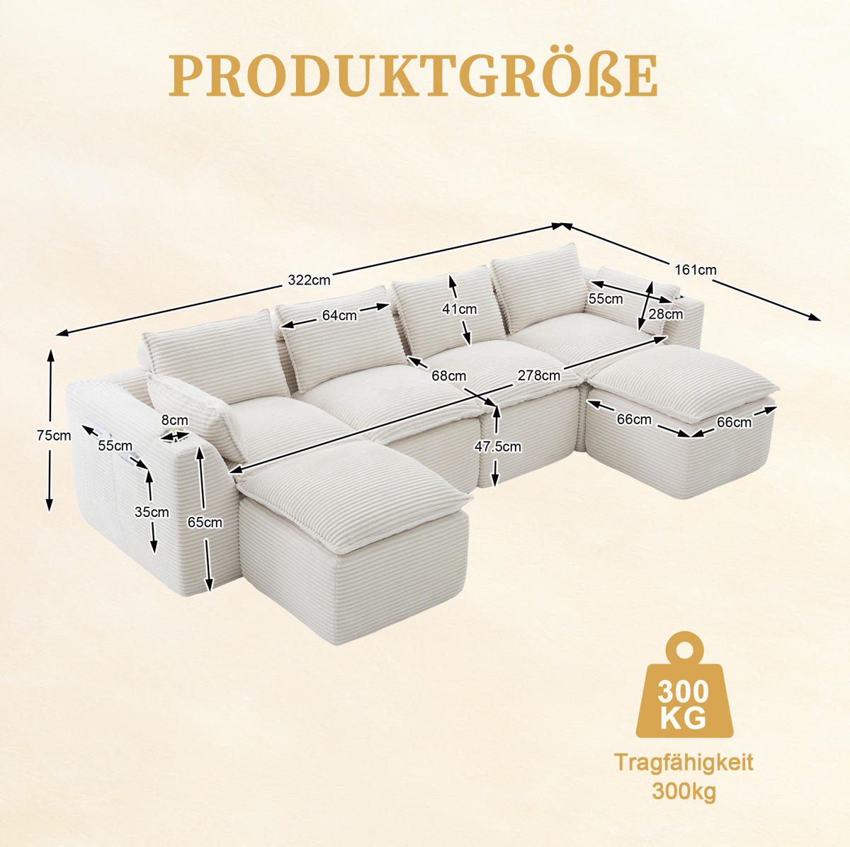 SOFA modular 322 x 161 cm Cord Beige 4-Sitzer mit 2 Fußhockern - Beige, Kunststoff (161/75/256cm) - Meubliv