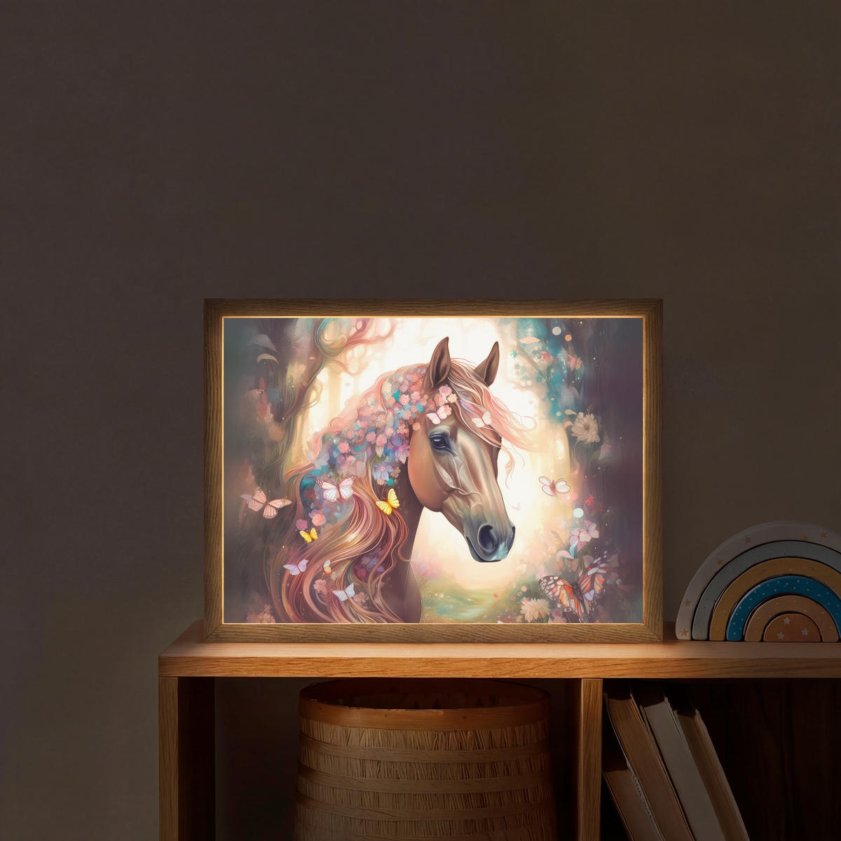 NÁSTĚNNÁ LAMPA S AKUMULÁTOREM Kůň - Příroda - Květiny - Motýli - Les 40x30 cm - tmavě hnědá, kompozitní dřevo (40/30/8cm) - OnlyWow