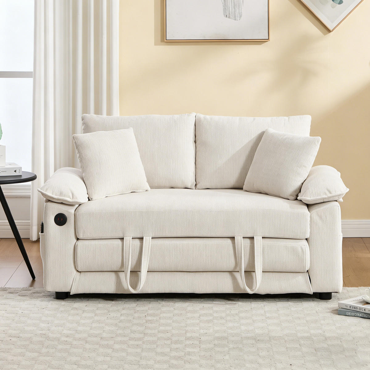 SCHLAFSOFA 138/66/80 cm Weiß Chenille mit Ausziehbares Bett und Seitentaschen - Weiß, Textil (66/80/135cm) - Oxeza