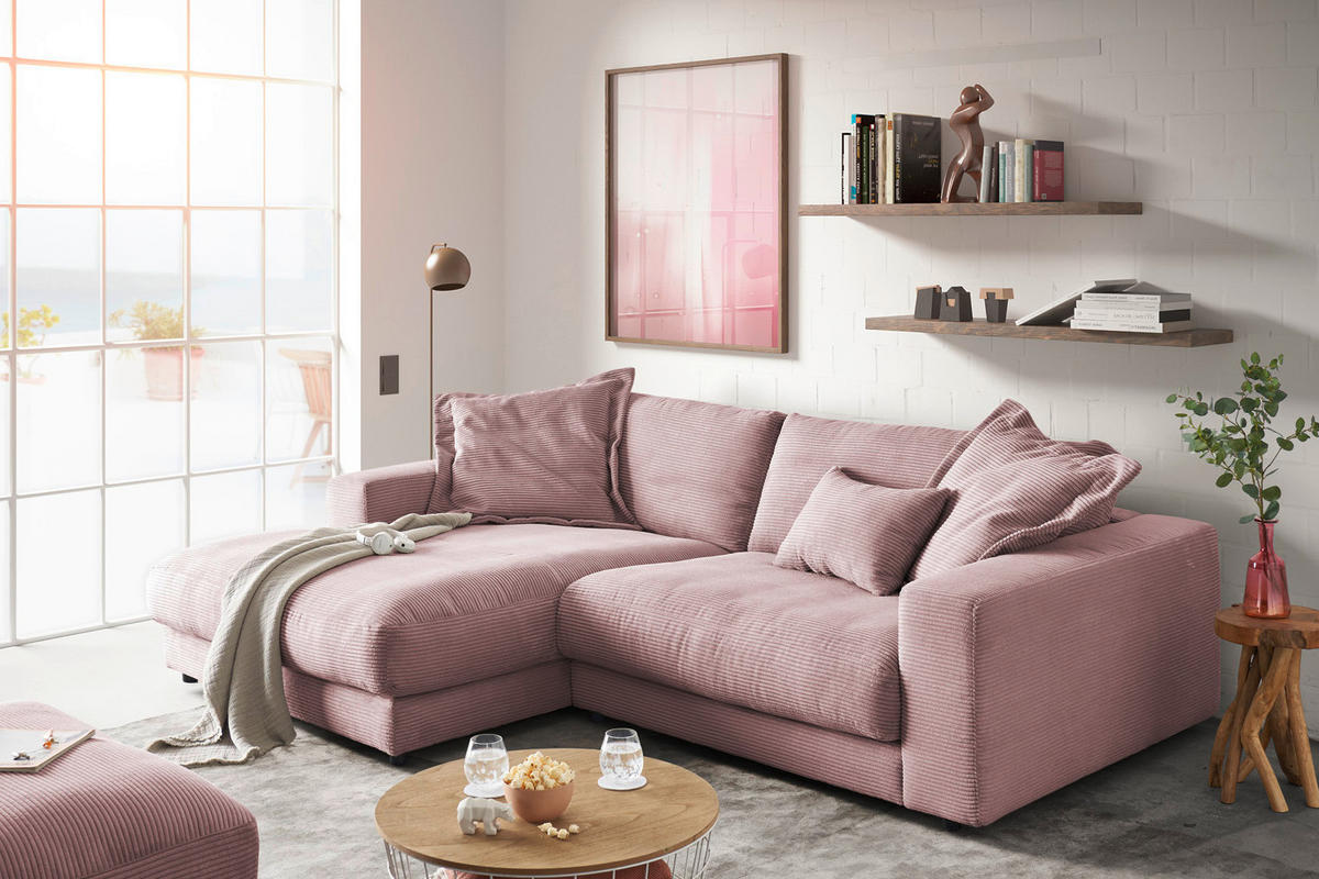 ECKSOFA MADELINE Pink Cord - Pink/Schwarz, Kunststoff/Textil (270/190cm) - KAWOLA