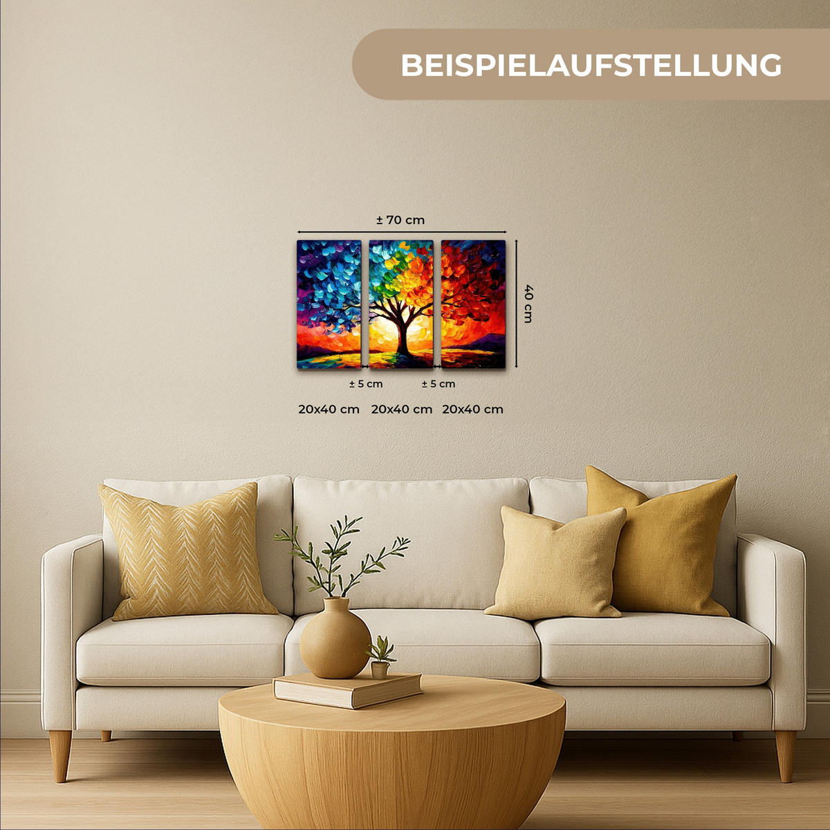 LEINWANDBILD 3er Set Baum - Farbenfroh - Malerei-Look - Abstrakt 60x40 cm - Multicolor, Textil (60/40cm) - MuchoWow