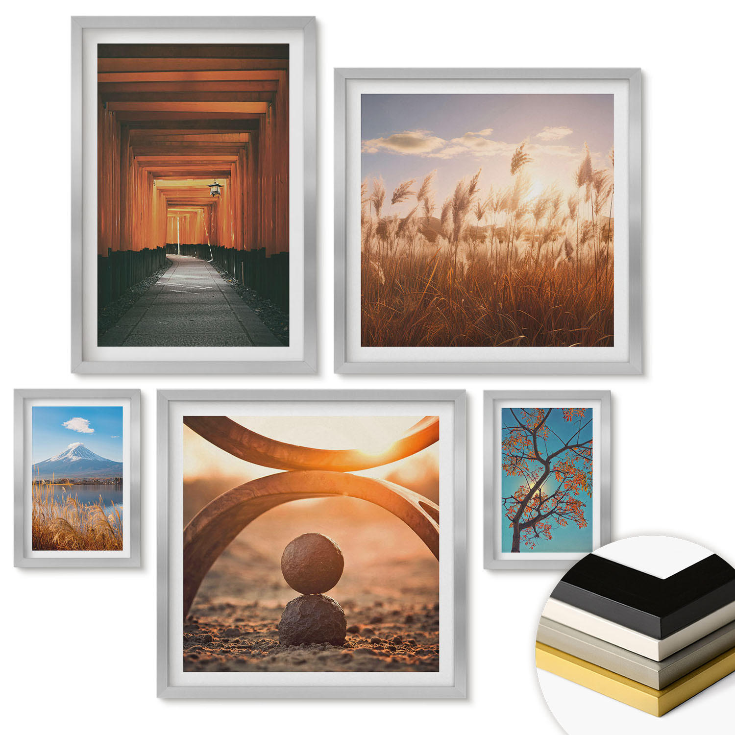 WANDBILDER 5er Set - 50x50 cm & 20x30 cm & 40x60 cm Silberner Rahmen - Architektur der Küstenstädte - Silberfarben, Kunststoff (40/60cm) - ArtPrintCave