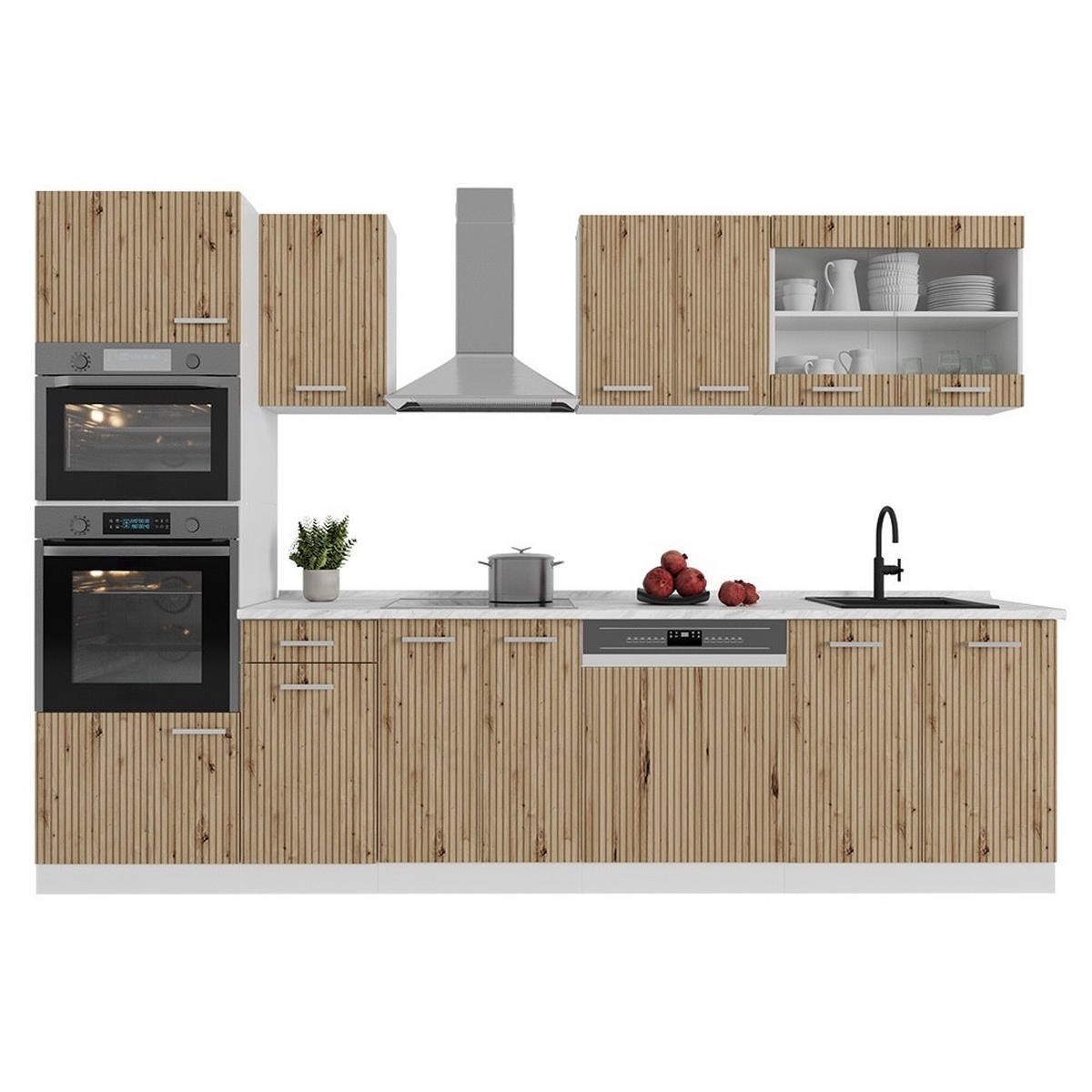 KÜCHENZEILE R-Line Artisan-Eiche 300 cm mit Hochschrank, AP Eiche - Eiche Artisan/Weiß, Holzwerkstoff (300/206.8/60cm) - Vicco