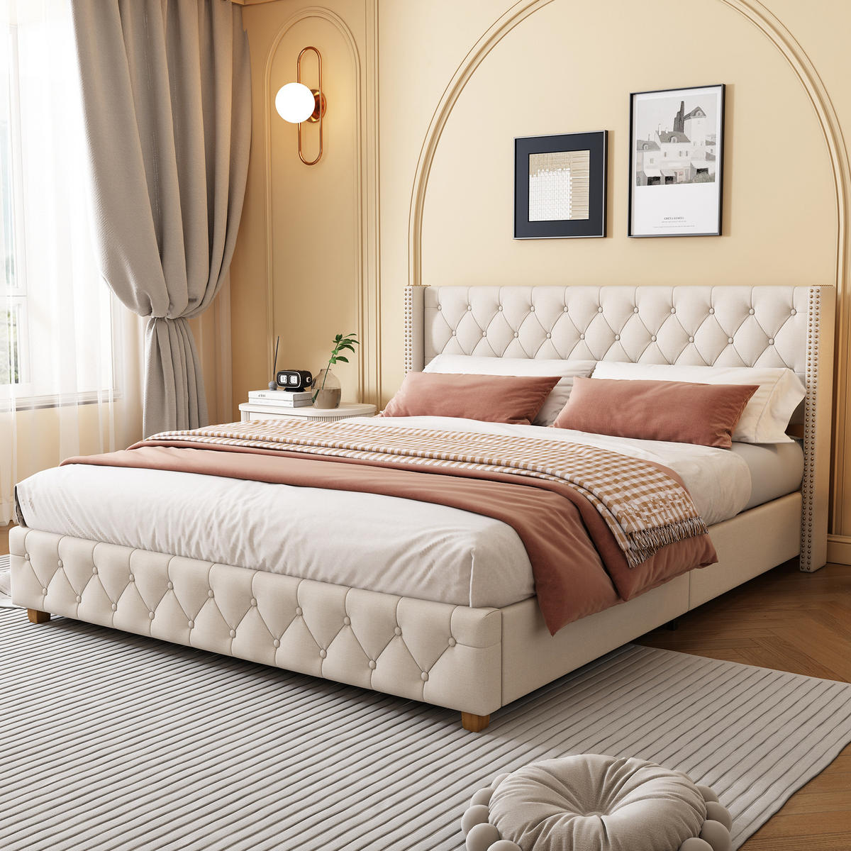 POLSTERBETT mit Lattenrost 180x200 cm Leinen Beige - Weiß, Metall (180/200cm) - Meubliv