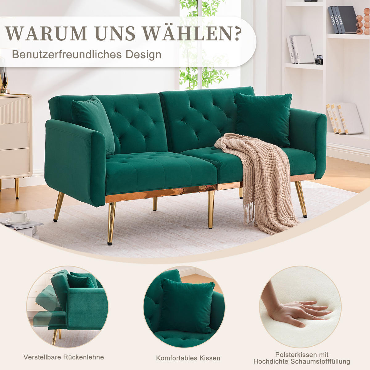 SCHLAFSOFA Zweisitzer Samt mit verstellbarer Rückenlehne Smaragdgrün 165/72,5/75 cm - Smaragdgrün, Textil (72.5/75/165cm)