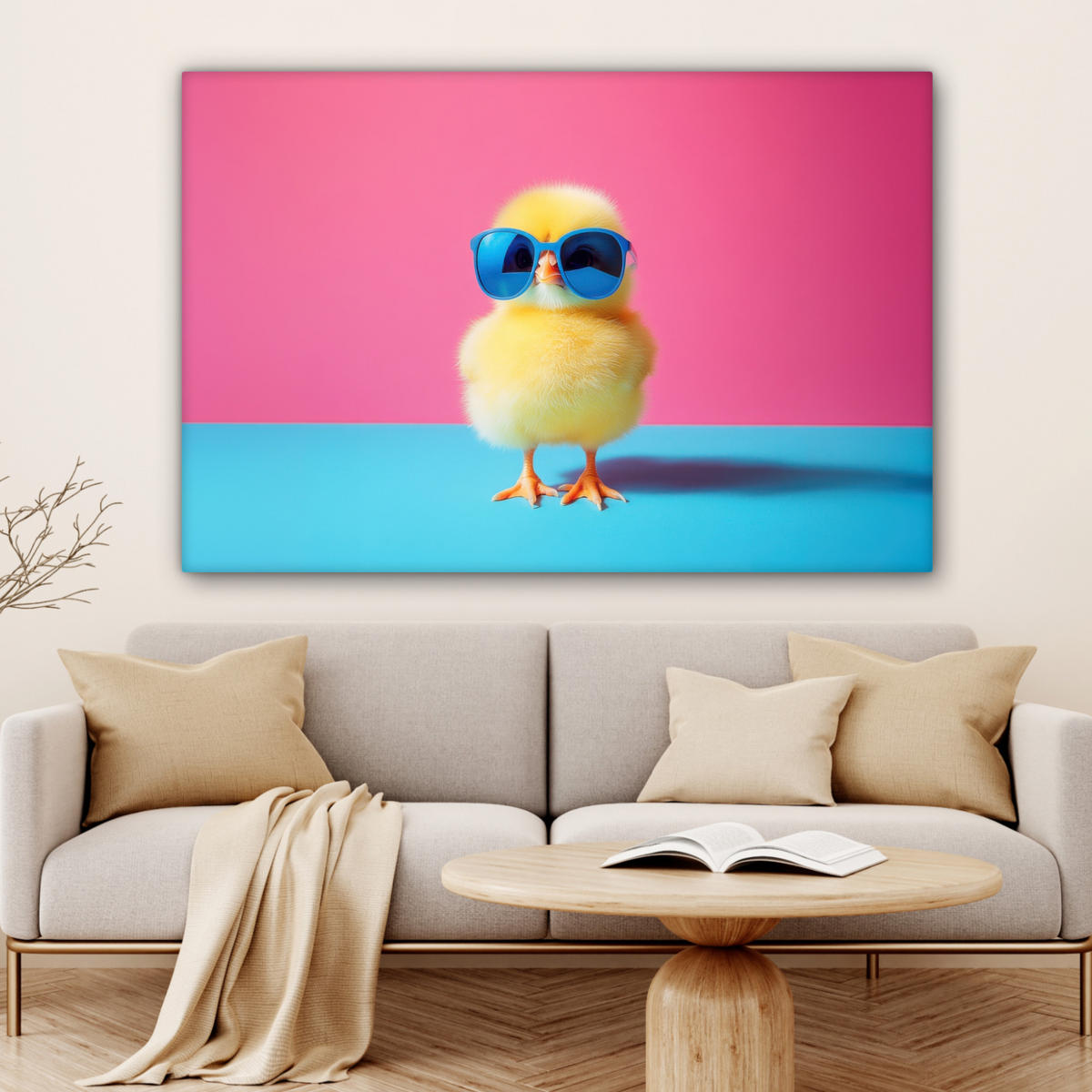 LEINWANDBILD Chick - Sonnenbrille - Blau Groß 140x90 cm - Pink/Gelb, Textil (140/90cm) - MuchoWow
