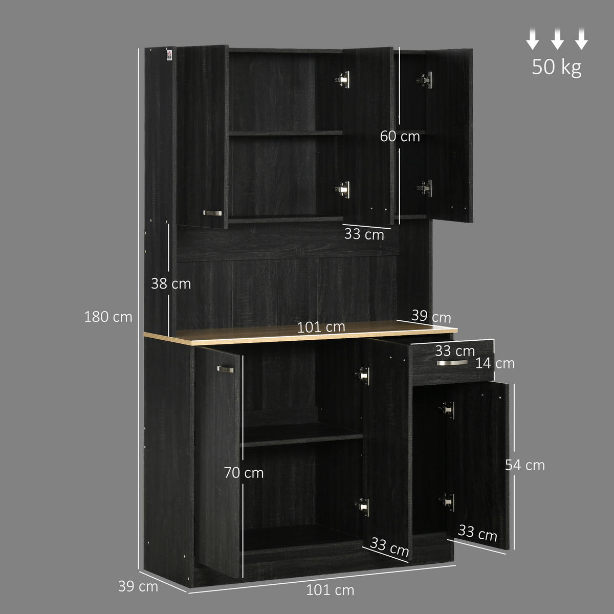 KÜCHENSCHRANK Schwarz, 6 Türen, 1 Schublade, 101/39/180 cm - Schwarz, Holzwerkstoff (101/180/39cm) - PANGIVO