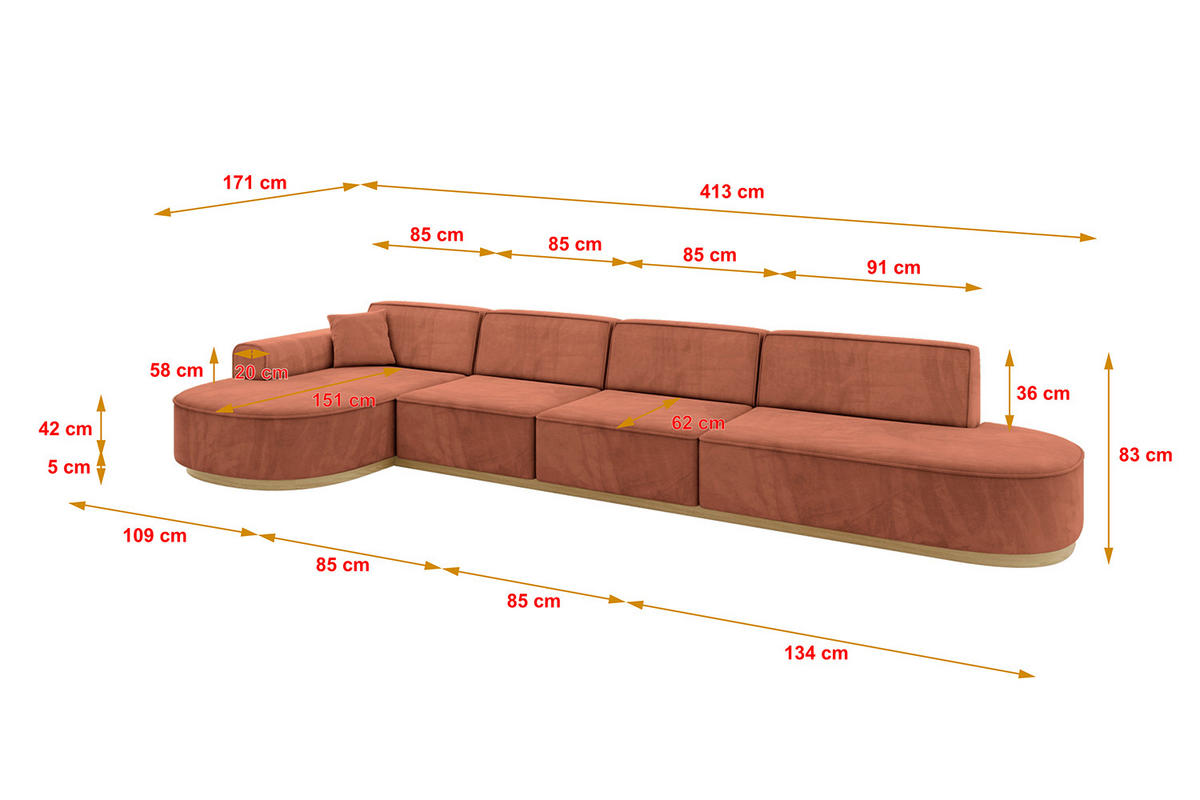 ECKSOFA Ottomane Links MARI-L3-v2 - 413x171x83 cm Koralle Velours - Koralle, Holzwerkstoff/Textil (413/171cm) - ALTDECOR