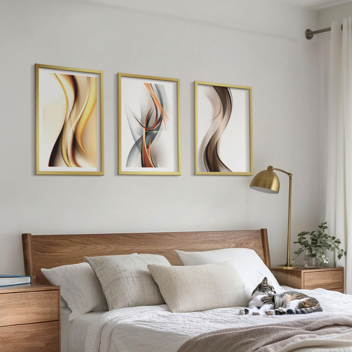 BILDER SET 3er Set - 40x60 cm Goldrahmen - Gelbgrau-braune Wellen - Goldfarben, Kunststoff (40/60cm) - TULUP