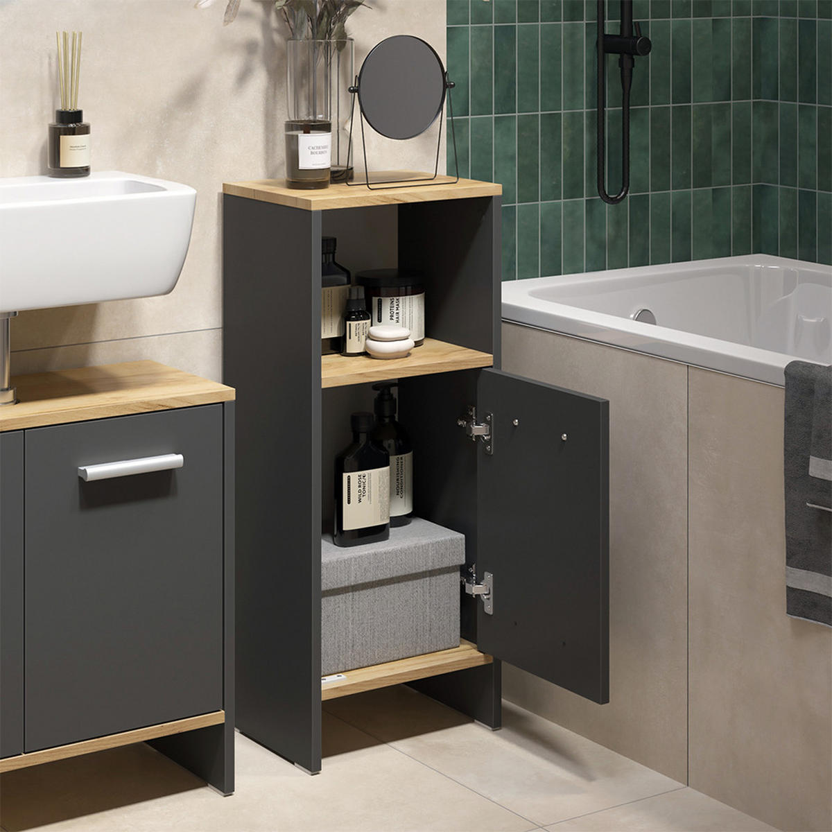 SADA KOUPELNOVÉHO NÁBYTKU Karli Antracit/zlatý dub - medově dubová/antracitová, kompozitní dřevo (33.8/108.2/26.3cm) - Vicco