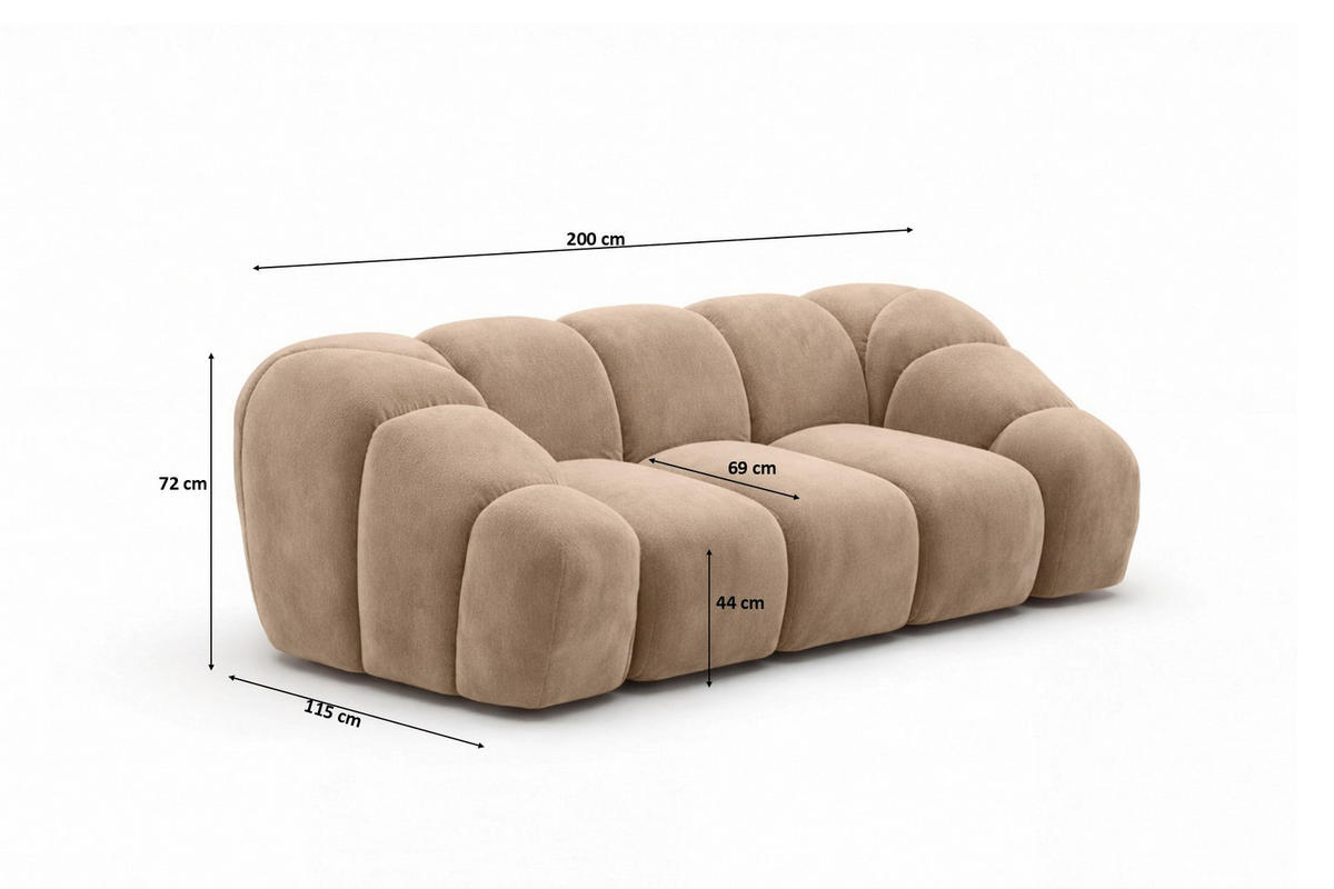 SOFA 2-Sitzer modular, Veloursstoff Bluvel, Latte, CROISSANT - Hellbraun, Holz (200/72/115cm) - Kaiser Möbel