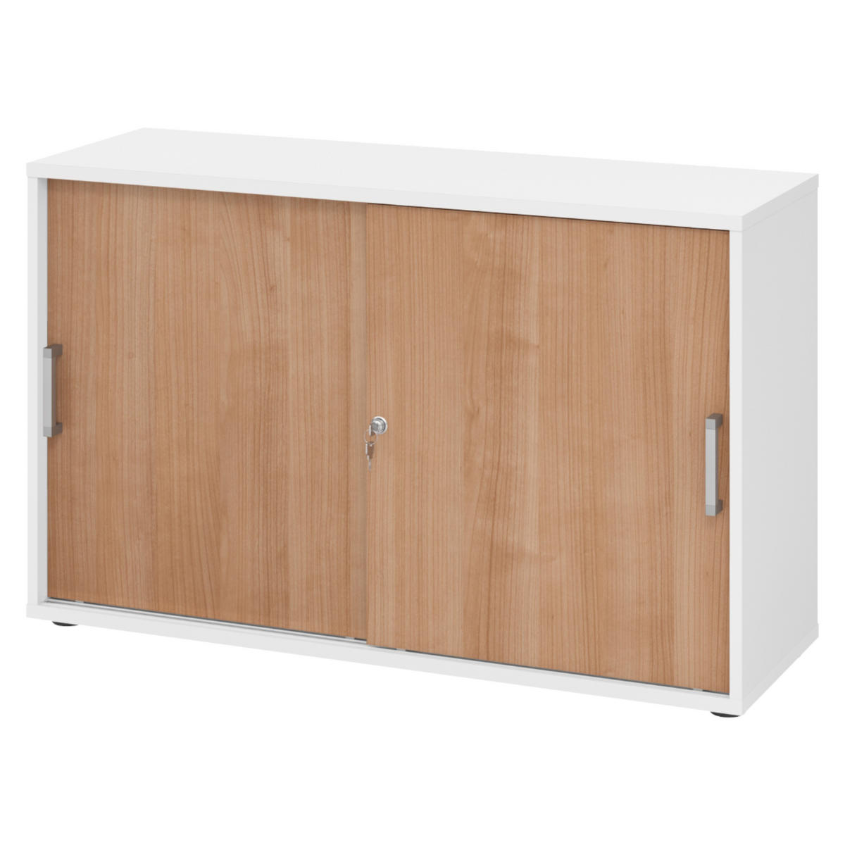 SCHIEBETÜRENSCHRANK - 2 Ordnerhöhen 40/120/74,8 cm in Weiß/Nussbaumfarben Chromgriff (Metall) - Nussbaumfarben/Weiß, Holzwerkstoff (120/74.8/40cm) - bümö