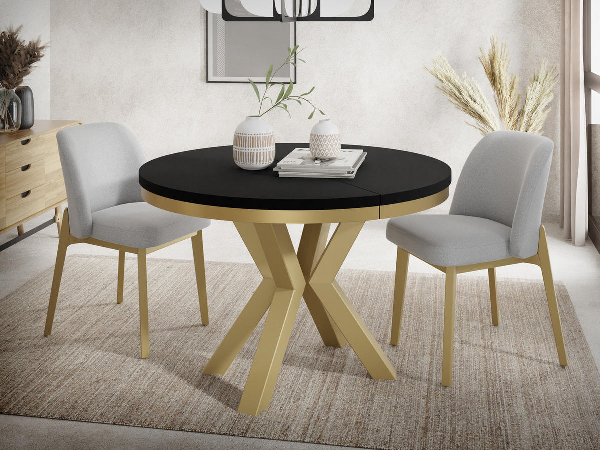 ESSTISCH Clara Gold runder ausziehbarer, Schwarz 120-200/120/76 cm - Goldfarben/Schwarz, Holzwerkstoff/Metall (120/120/76cm) - WFL GROUP