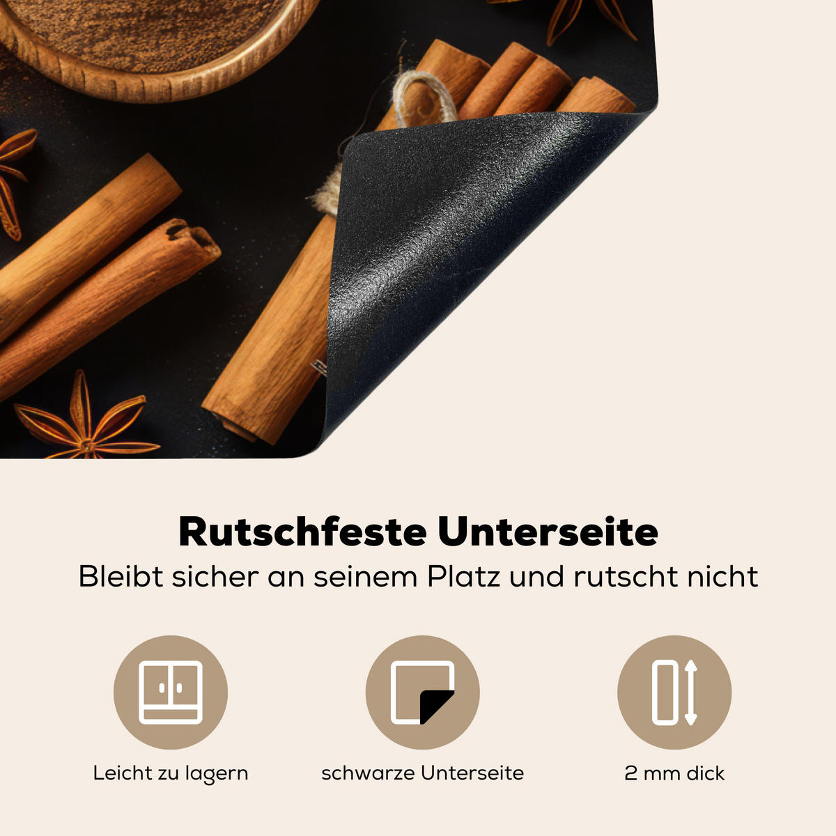 HERDABDECKPLATTE Zimt - Beton - Kaffee - Zimtstangen - Gewürze Induktionsschutz 91.2x52 cm - Mokka, Kunststoff (91.2/52/0.2cm) - MuchoWow