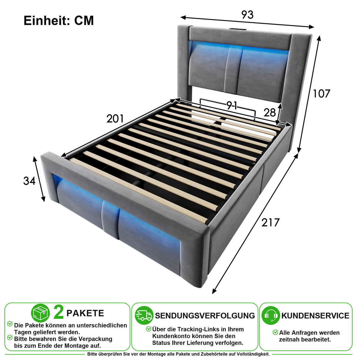 POLSTERBETT 90/200 cm in Grau Samt mit Bettkasten, LED und USB - Grau, Holzwerkstoff/Textil (90/200cm) - CHICFURN