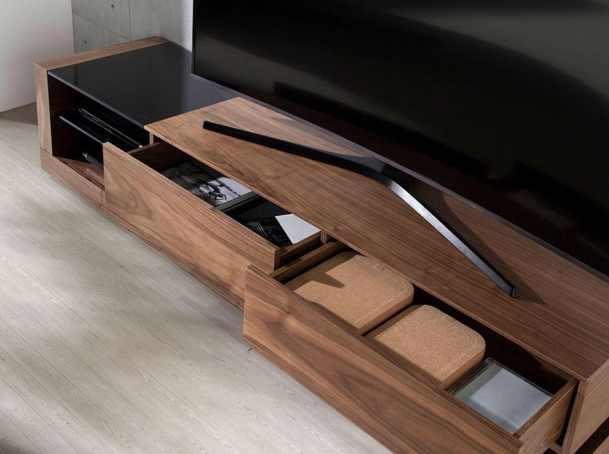 TV-ELEMENT TV-Schrank Nussbaum, polierter Stahl und schwarze Glasplatte 200/45/38 cm - Walnussfarben/Schwarz, Holz/Metall (200/38/45cm) - ANGEL CERDA