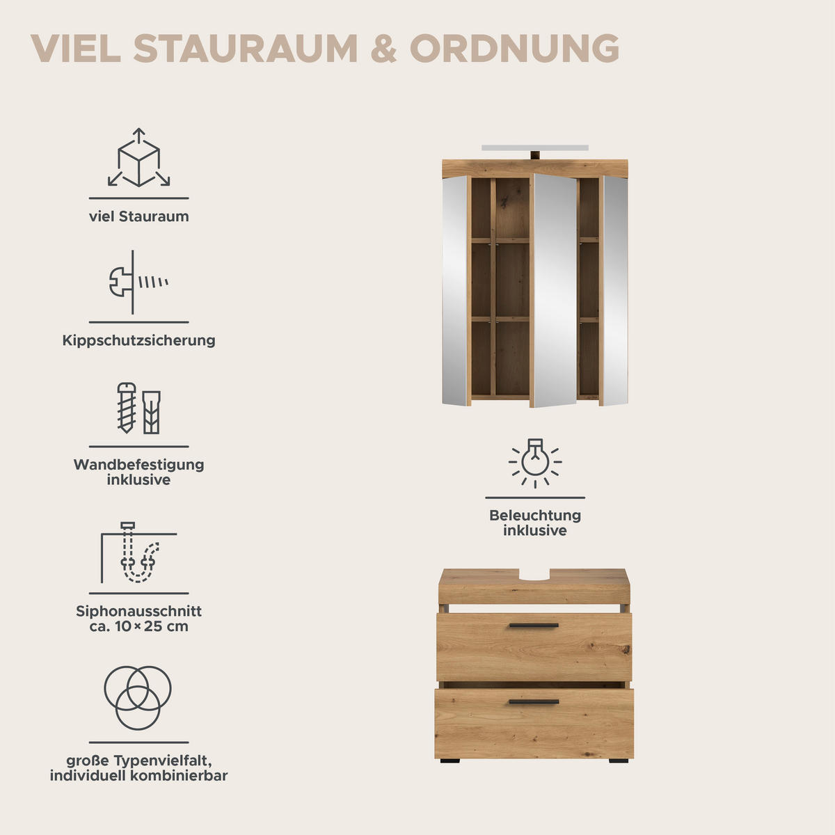 BADEZIMMER Vento 3-tlg. (B/H/T: ca. 60/191/34 cm) in Artisan Eiche /Artisan Eiche - Eiche Artisan, Holz (60/191/34cm)
