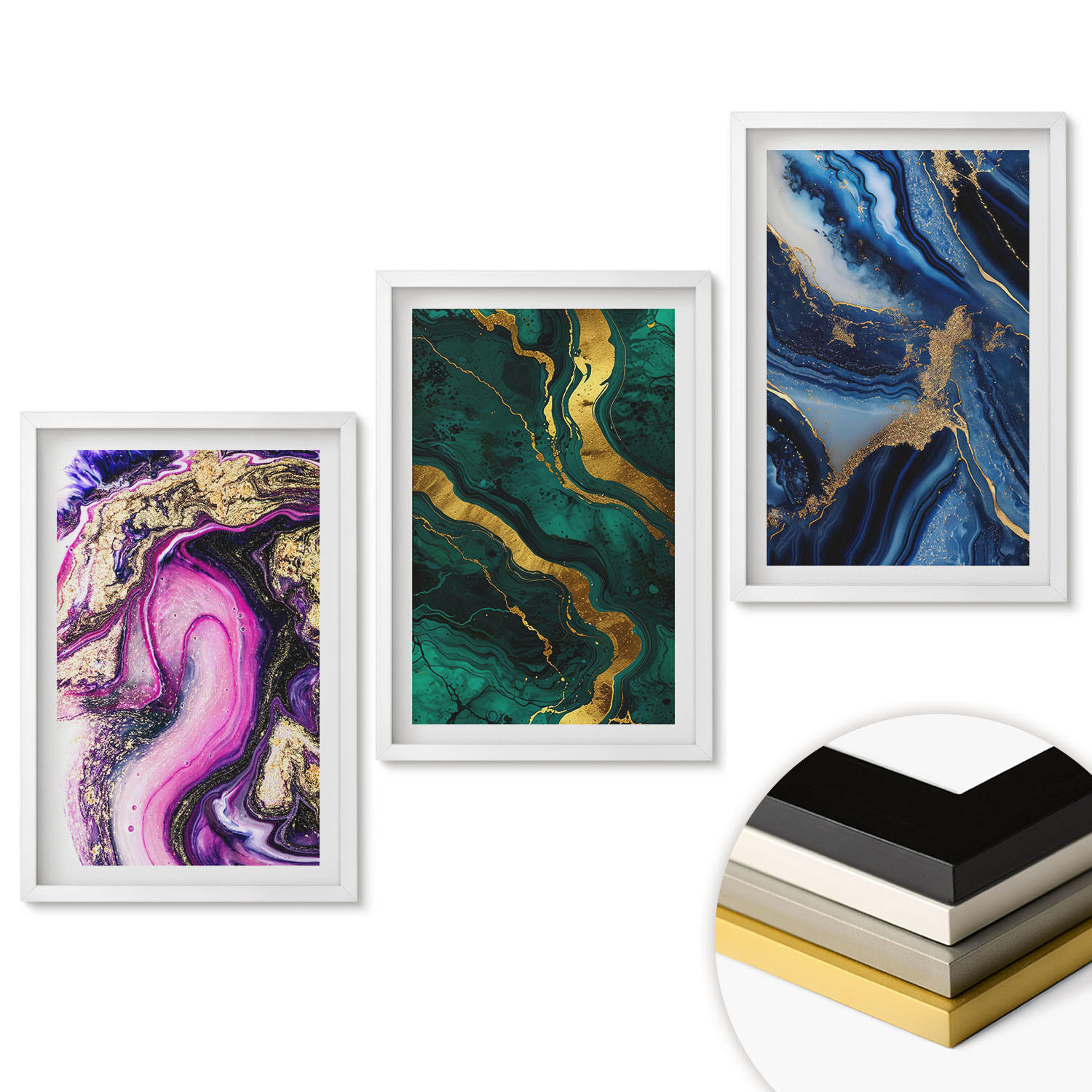 WANDBILDER 3er-Set - 40x60 cm Weißer Rahmen - Abstrakte rosagrüne Muster - Weiß, Kunststoff (40/60cm) - ArtPrintCave