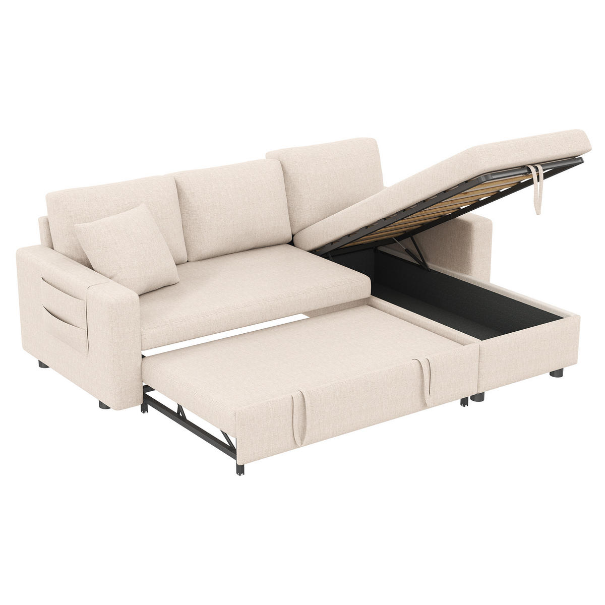 SCHLAFSOFA Leinen mit Stauraum und wechselbarer Chaiselongue Beige 219,5/142,5/83 cm - Beige, Textil (83/219.5/142.5cm) - Redom