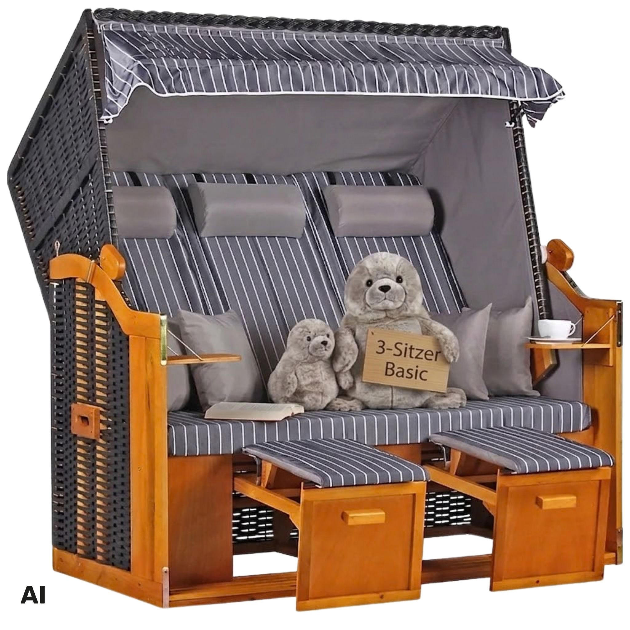 STRANDKORB XXL Ostsee 3Sitzer PE Schwarz - Braun/Grau, Metall (160/160/80cm) - Mr. Deko