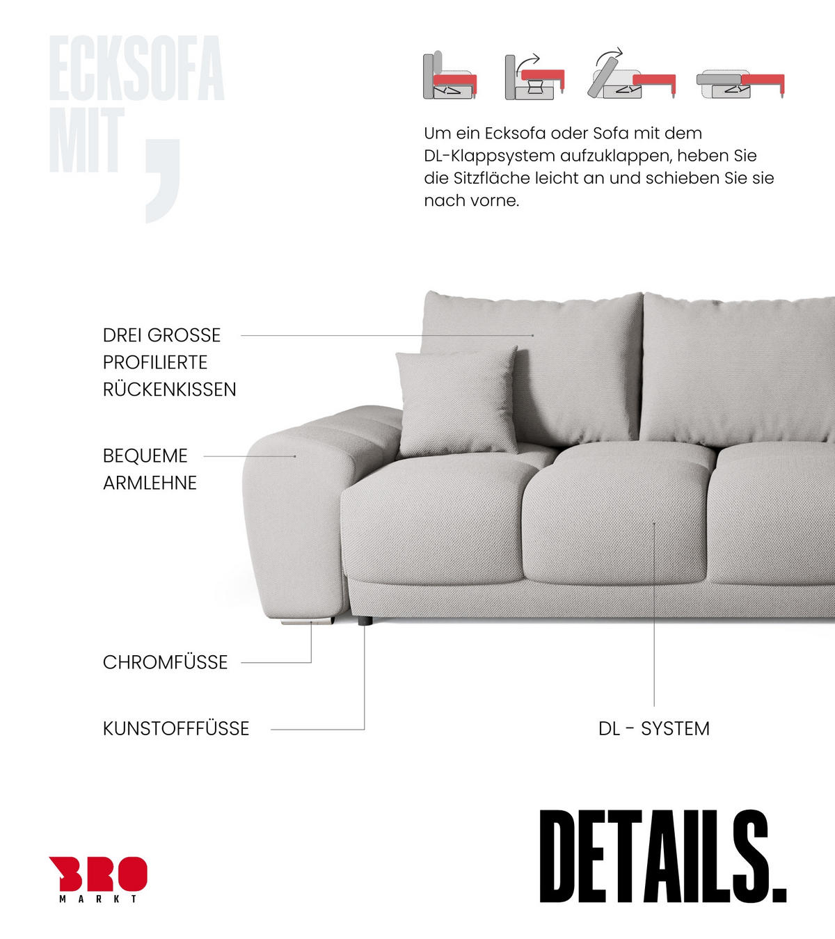 ECKSOFA Nubes mit Schlaffunktion Hellgrau - Silberfarben/Hellgrau, Kunststoff/Textil (290/180cm) - Bromarkt