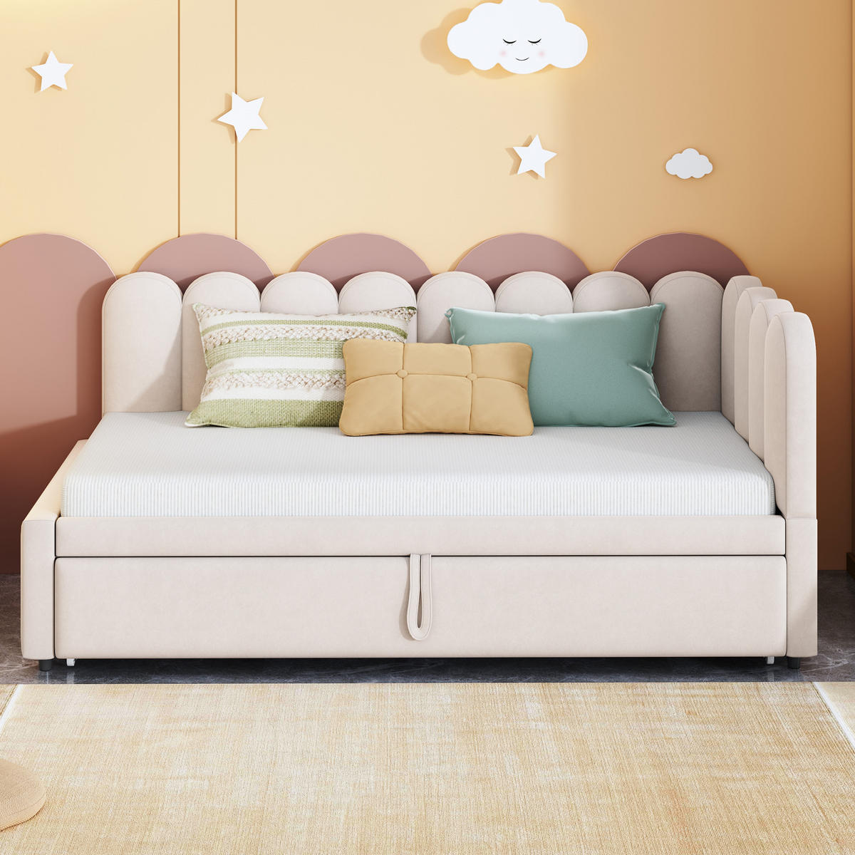 POLSTERBETT 90/200 cm Beige L-förmig mit ausziehbarem Kopfteil aus Samt - Beige, Textil (90/200cm) - OKWISH