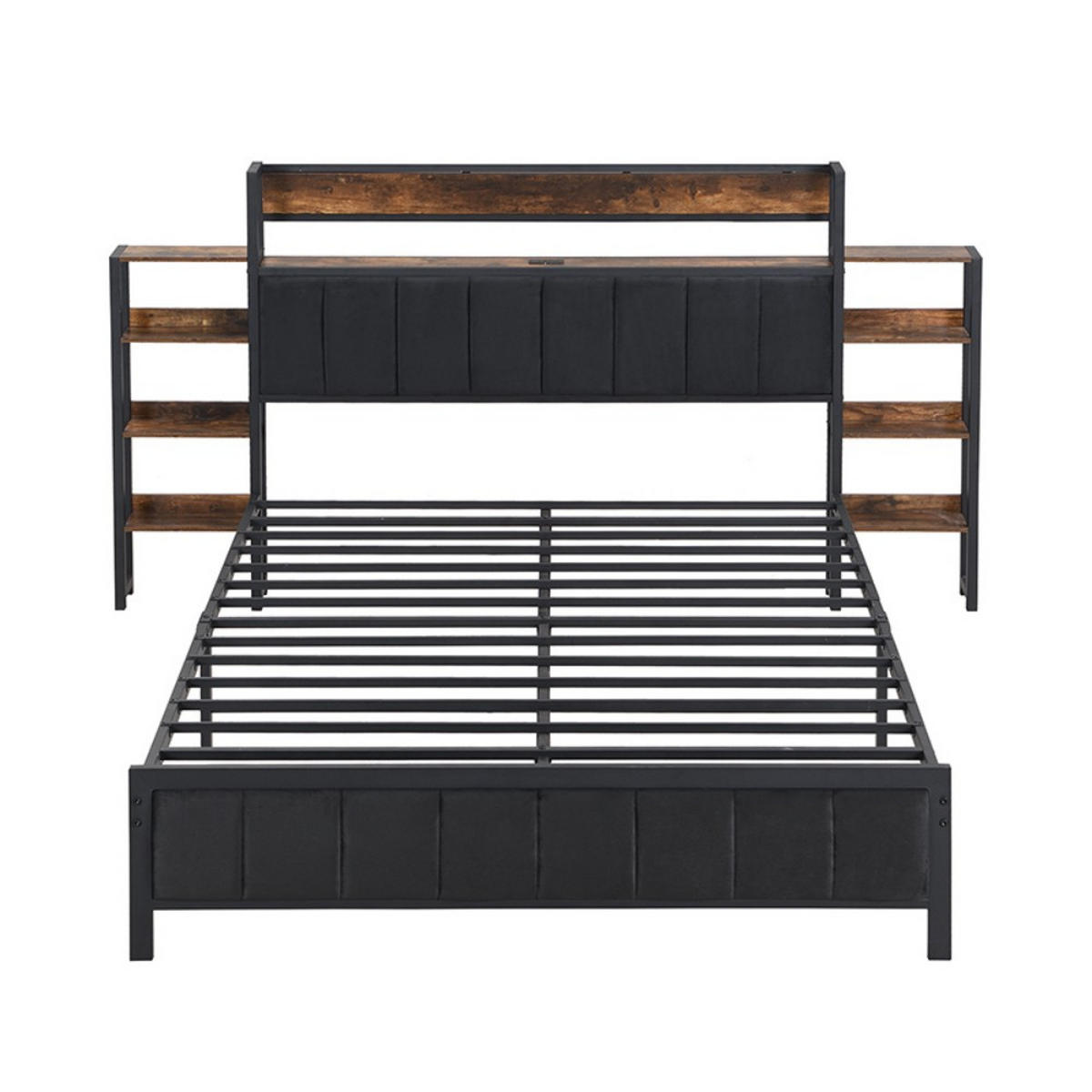 METALLBETT 140x200cm in Schwarz + Walnus，Kopfteil mit Regal - Schwarz, Metall (140/200cm) - KOMHTOM