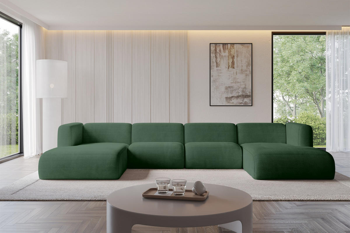 WOHNLANDSCHAFT MIRA-U2 408x179x70 Grün Cord - Salbeigrün/Schwarz, Holzwerkstoff/Kunststoff (408/70/179cm) - ALTDECOR