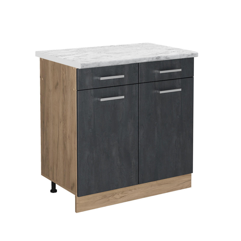 KÜCHENUNTERSCHRANK R-Line Schwarz Beton 80 cm AP Marmor - Eiche Wotan/Schwarz, Holzwerkstoff (80/81.6/60cm) - Vicco