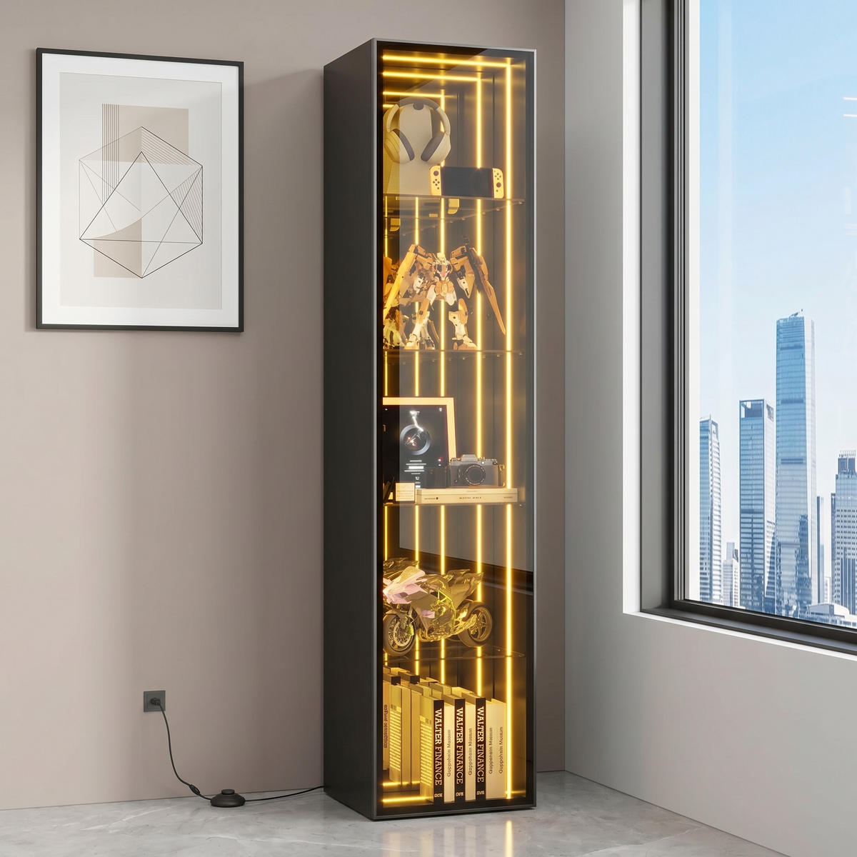 VITRINE Vitrinenschrank mit 5 Ebenen, LED-Beleuchtung, Spiegelrückwand & Glas Aluminiumtüren Schwarz - Transparent/Schwarz, Glas/Holzwerkstoff (30/160/30cm) - EVRYAE