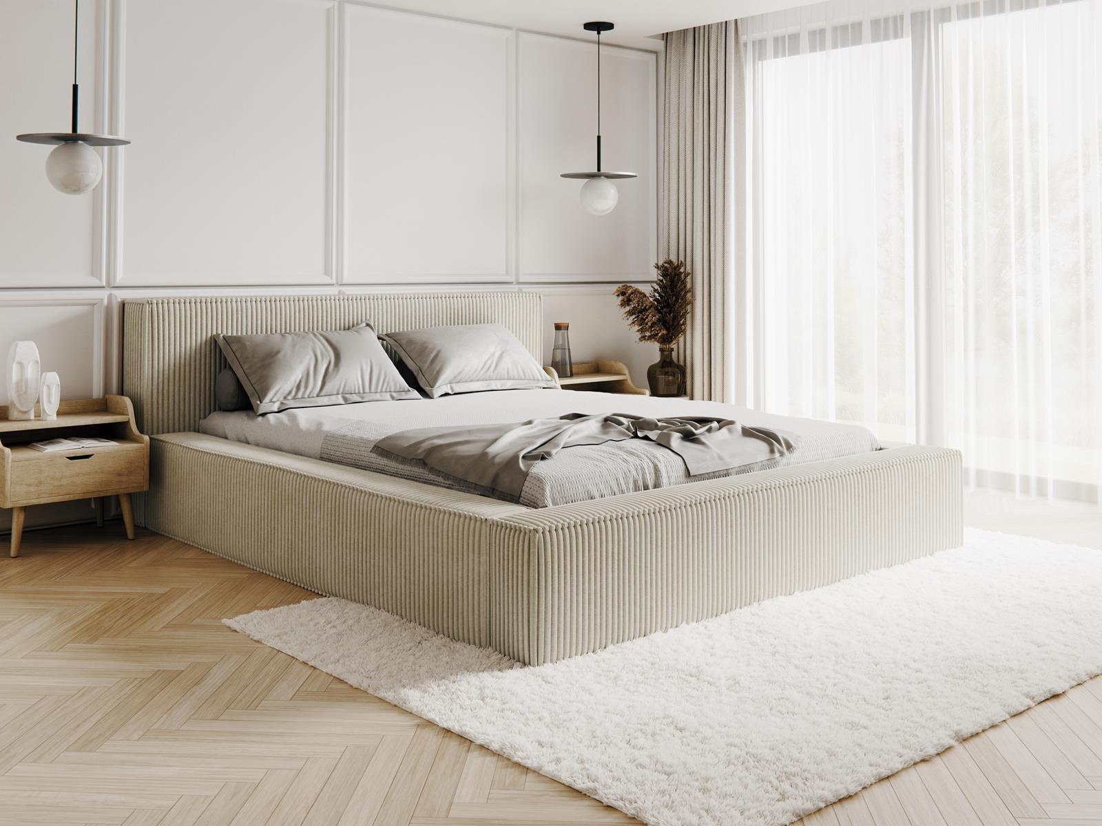 POLSTERBETT Cord Creme, Bettkasten 200x200 - Creme, Holzwerkstoff (200/200cm) - Compleo24
