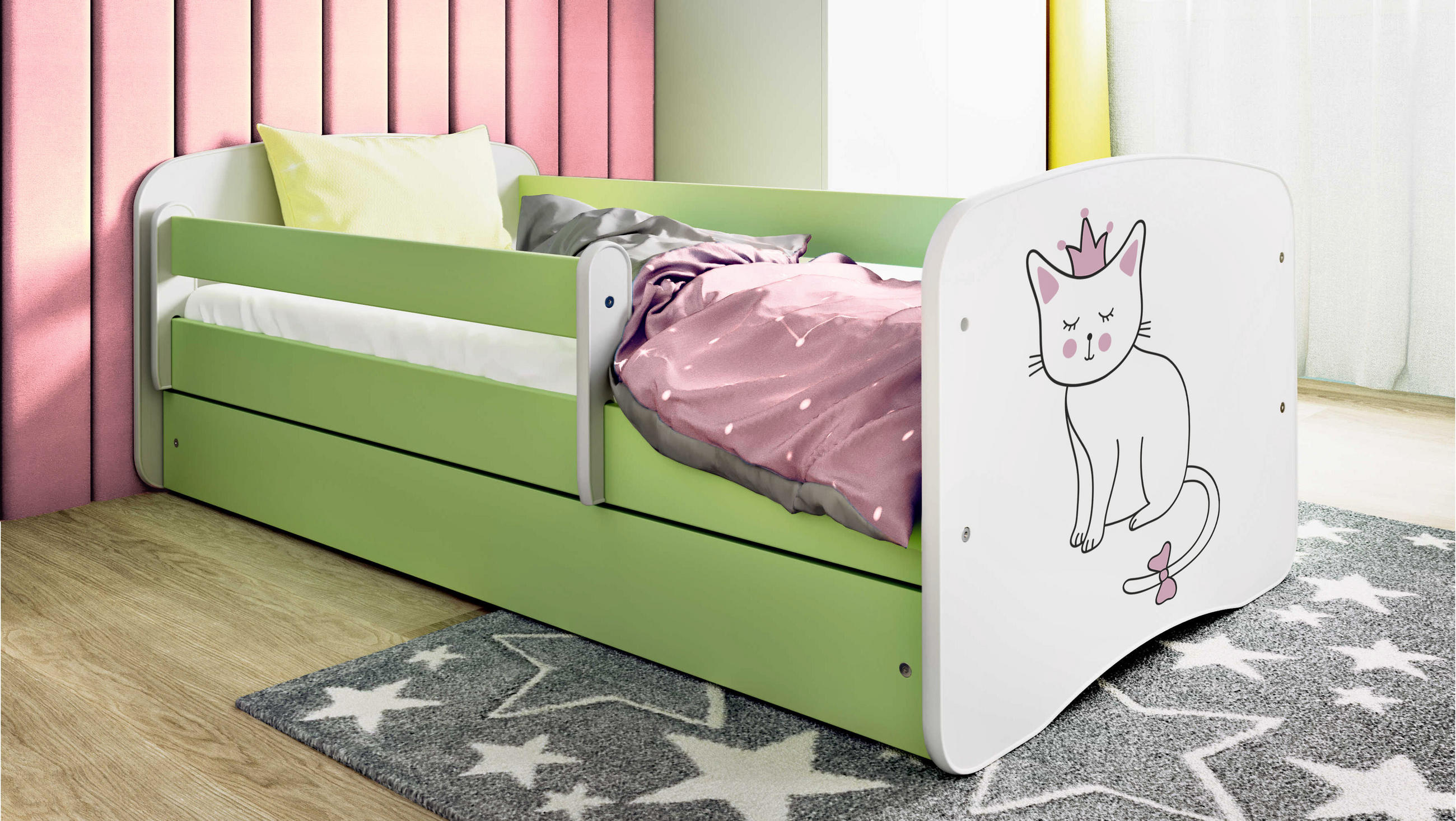 KINDERBETT Katze mit Schublade 140/70 80/61/144 - Grün, Holzwerkstoff (70/140cm) - RAUMHIRSCH FURNITURE