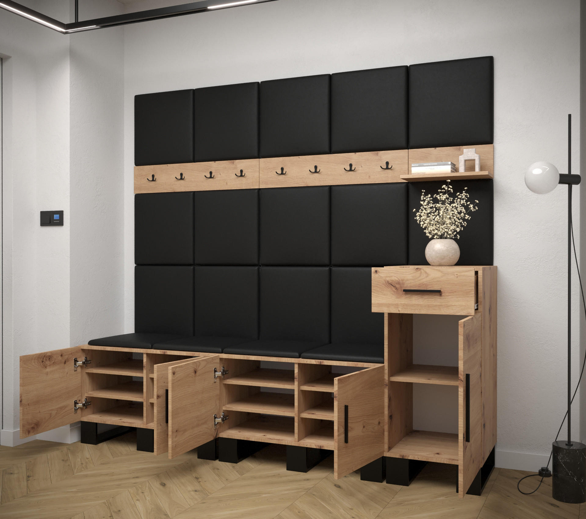 Thumbnail - Abiks Möbel Garderoben-Set, Eiche Artisan, Weiß, Kunststoff, Nachbildung, 4-Sitzer, 6 Fächer, 1 Schubladen, 210x196x45.6...