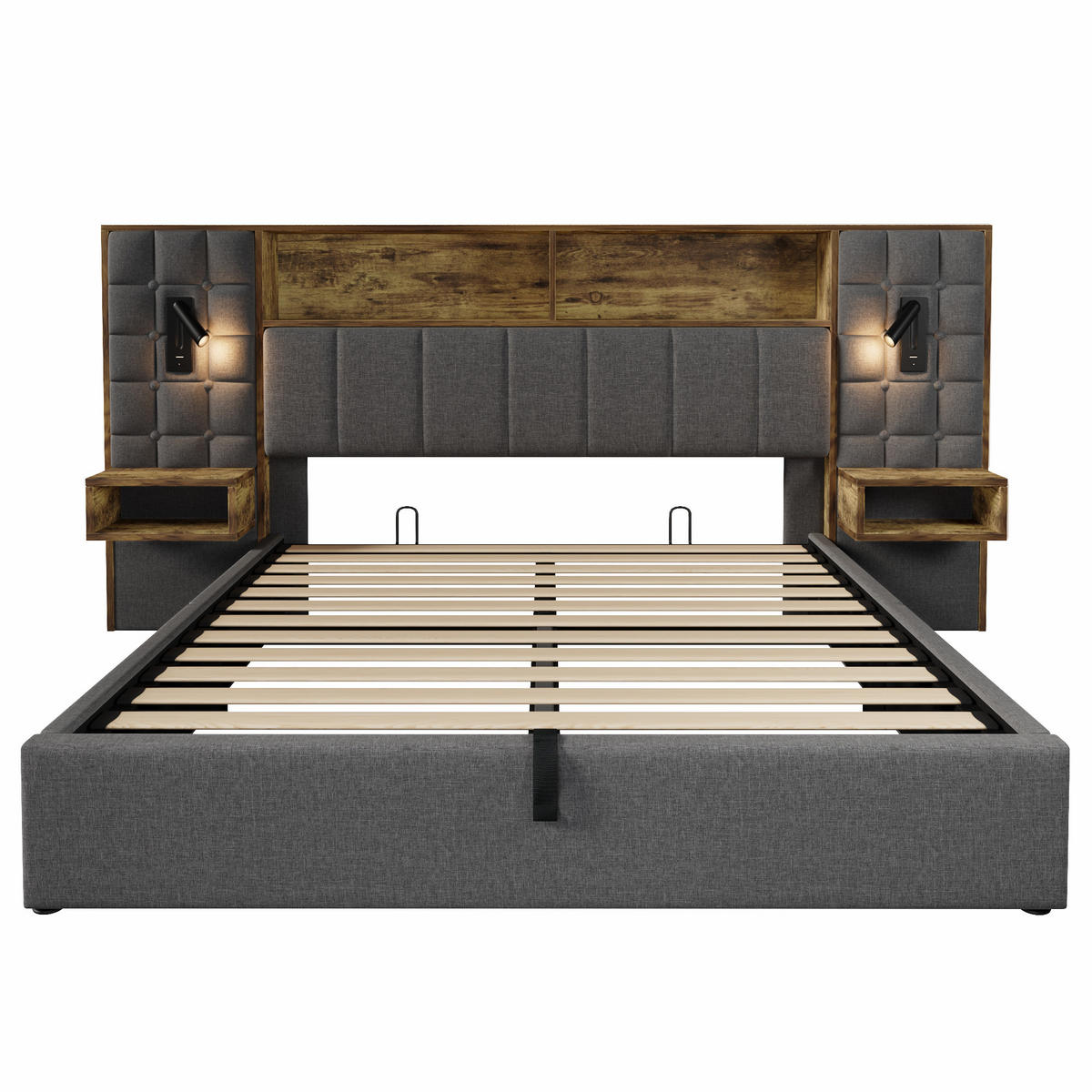POLSTERBETT 160/200 cm Grau mit LED, 2 Leselampen und 2 integrierte Nachttische - Grau, Textil (160/200cm) - Oxeza