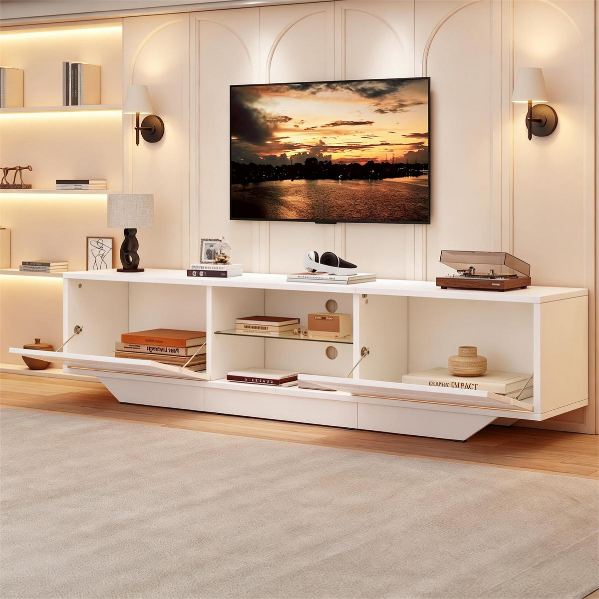 TV-ELEMENT160X35X44,5CM TV-Board Weiß Hochglanz mit RGB-LED-Beleuchtung für 65-Zoll - Weiß, Holz (45.01/27/92.99cm) - Raelunyi