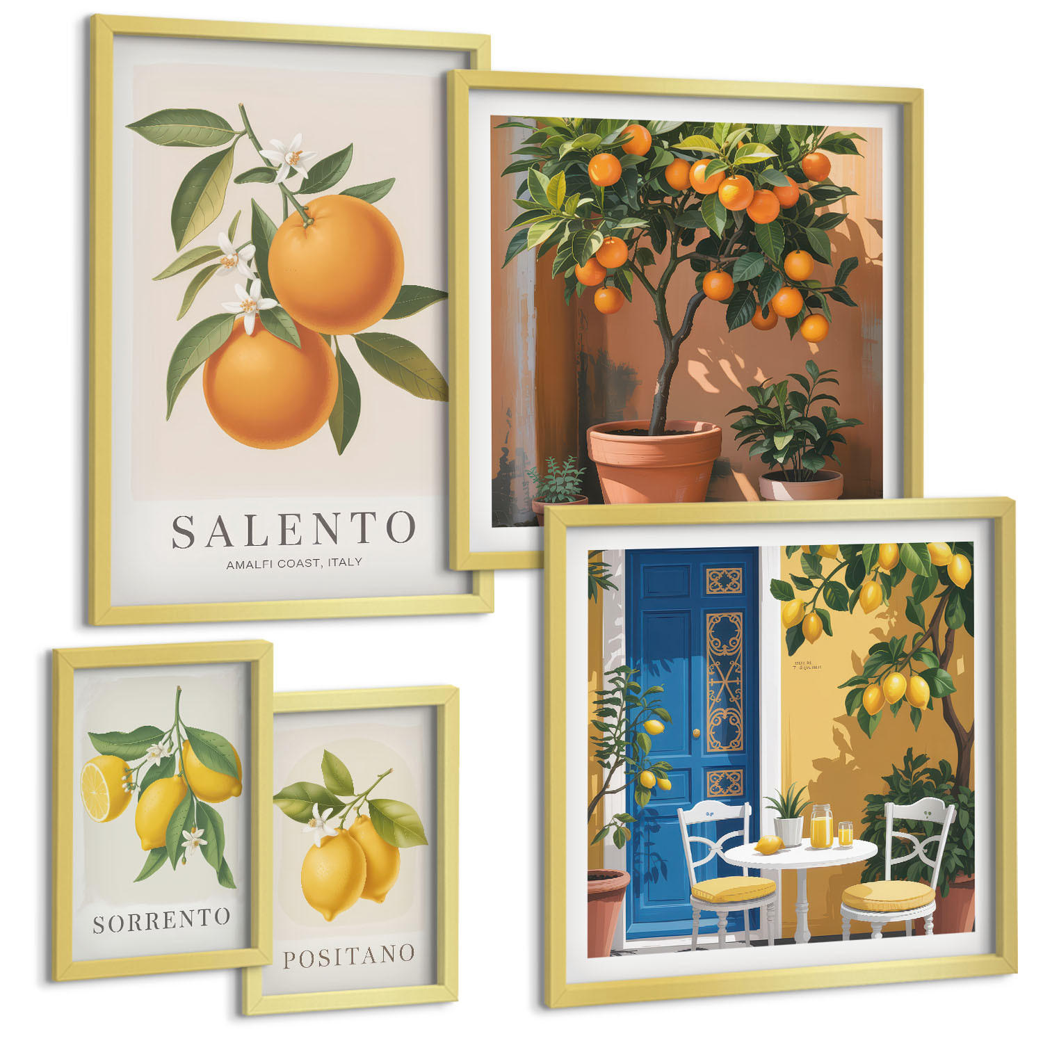 BILDER SET 5er Set - 50x50 cm & 20x30 cm & 40x60 cm Goldrahmen - Zitronenorange Blütenmuster - Goldfarben, Kunststoff (40/60cm) - TULUP
