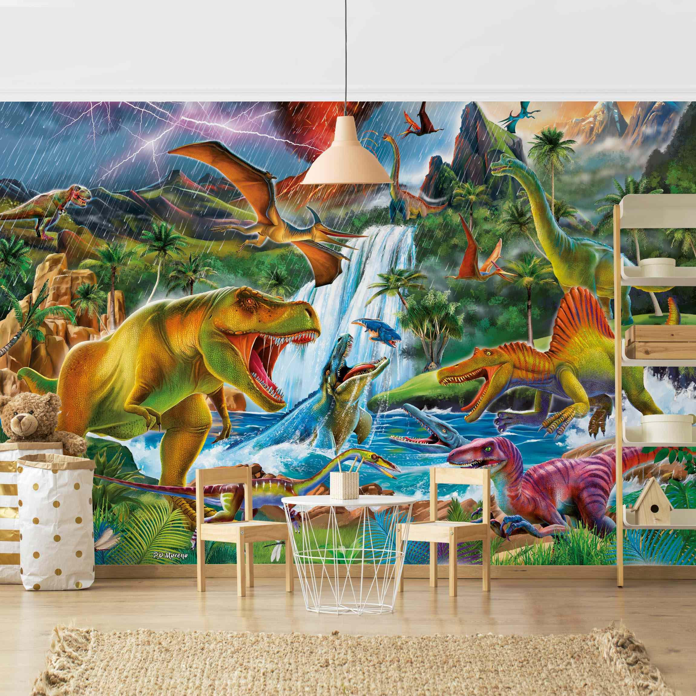 FOTOTAPETE Dinosaurier im Urzeitgewitter 432/290 cm - Multicolor, Papier (432/290cm) - Bilderwelten